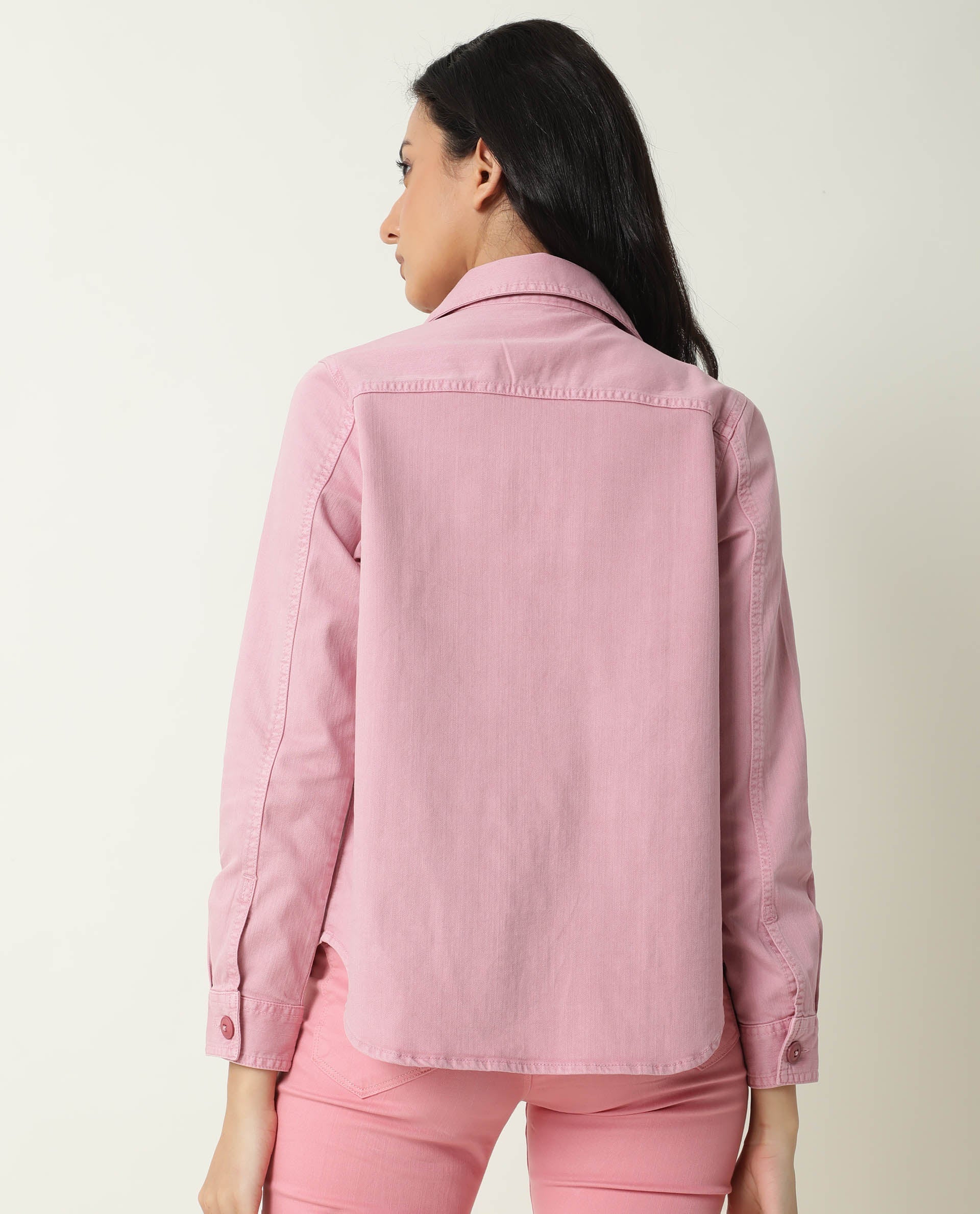 Rareism Women Mission Pink Cotton Lycra Fabric Full Sleeves Solid Shirt Collar Jacket