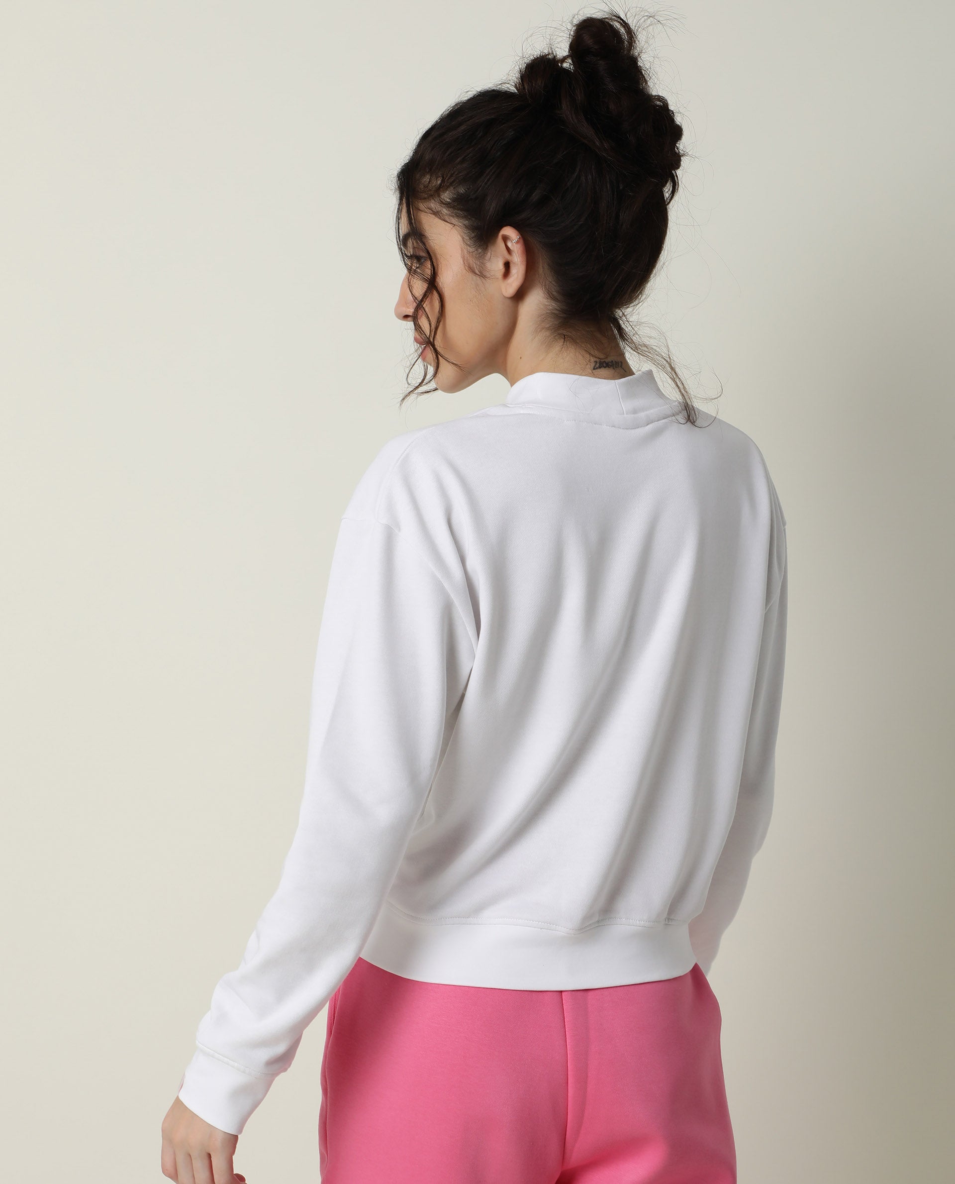Rareism Women's Hectare White Cotton Blend High Neck Plain Relaxed Fit Sweatshirt