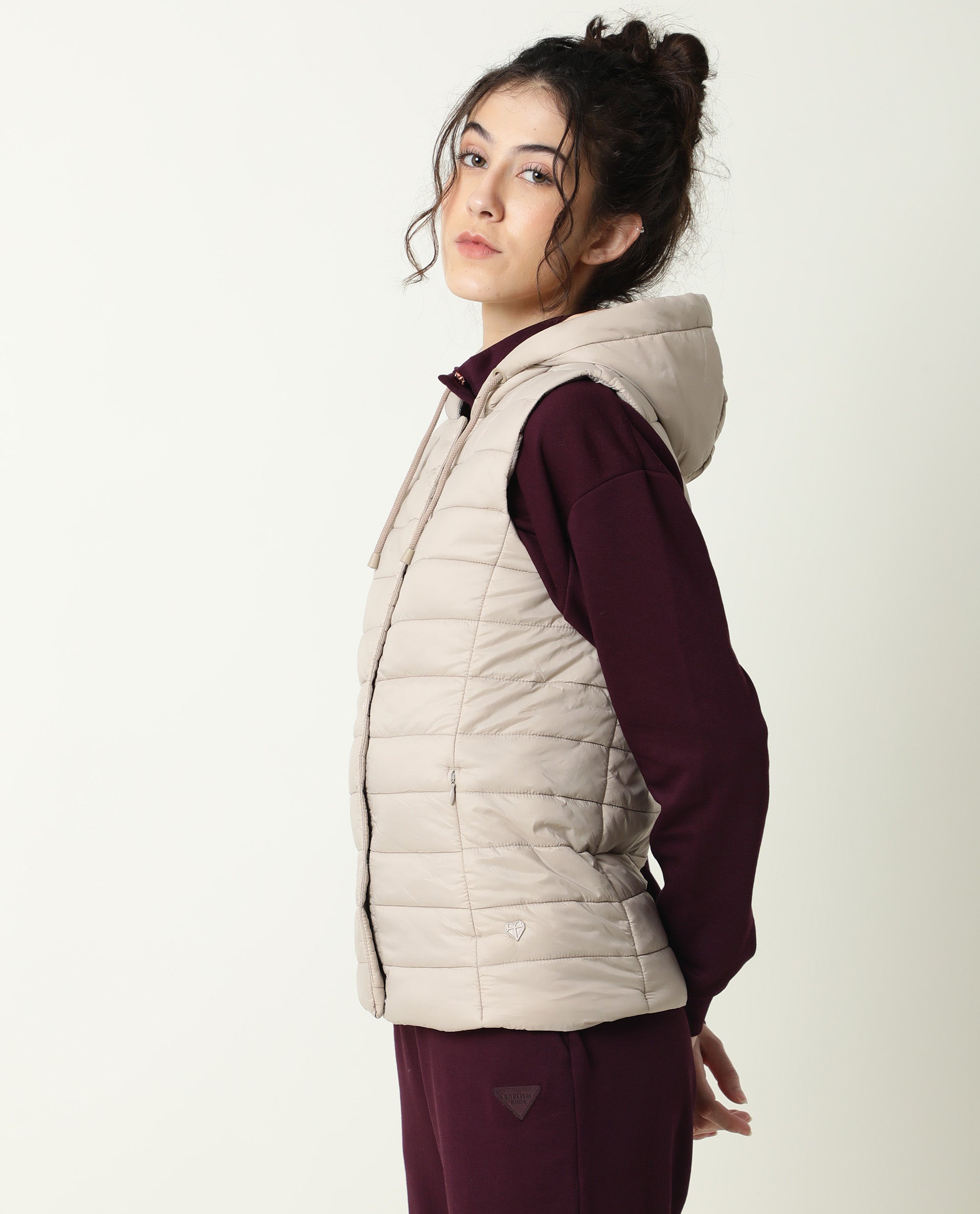 Rareism Women Troop Beige Sleeveless Solid Hooded Jacket