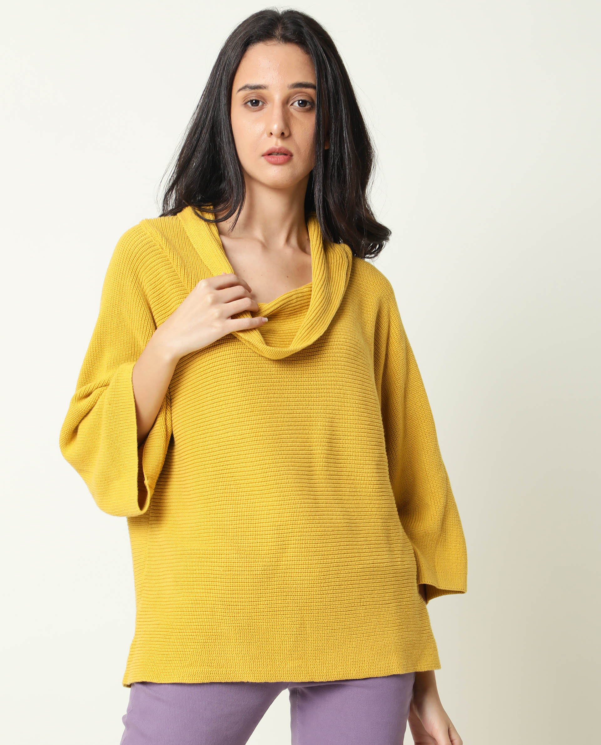 Rareism Women Cleo Mustard 3/4Th Sleeves Relaxed Fit Solid Cowl Neck Sweater