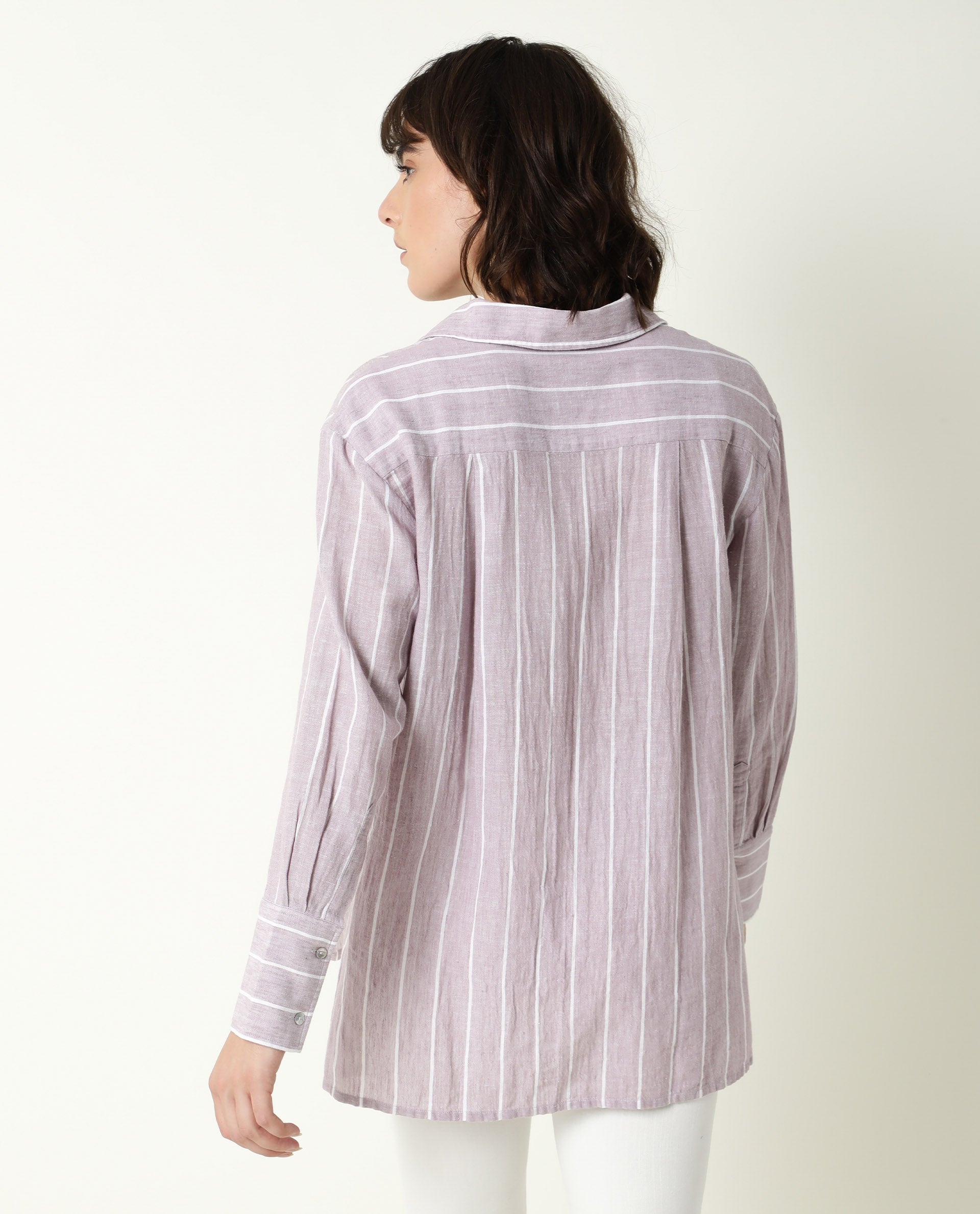 Rareism Women Vrish Pastel Purple Cotton Linen Fabric Relaxed Fit Collared Neck Full Sleeves Striped Top