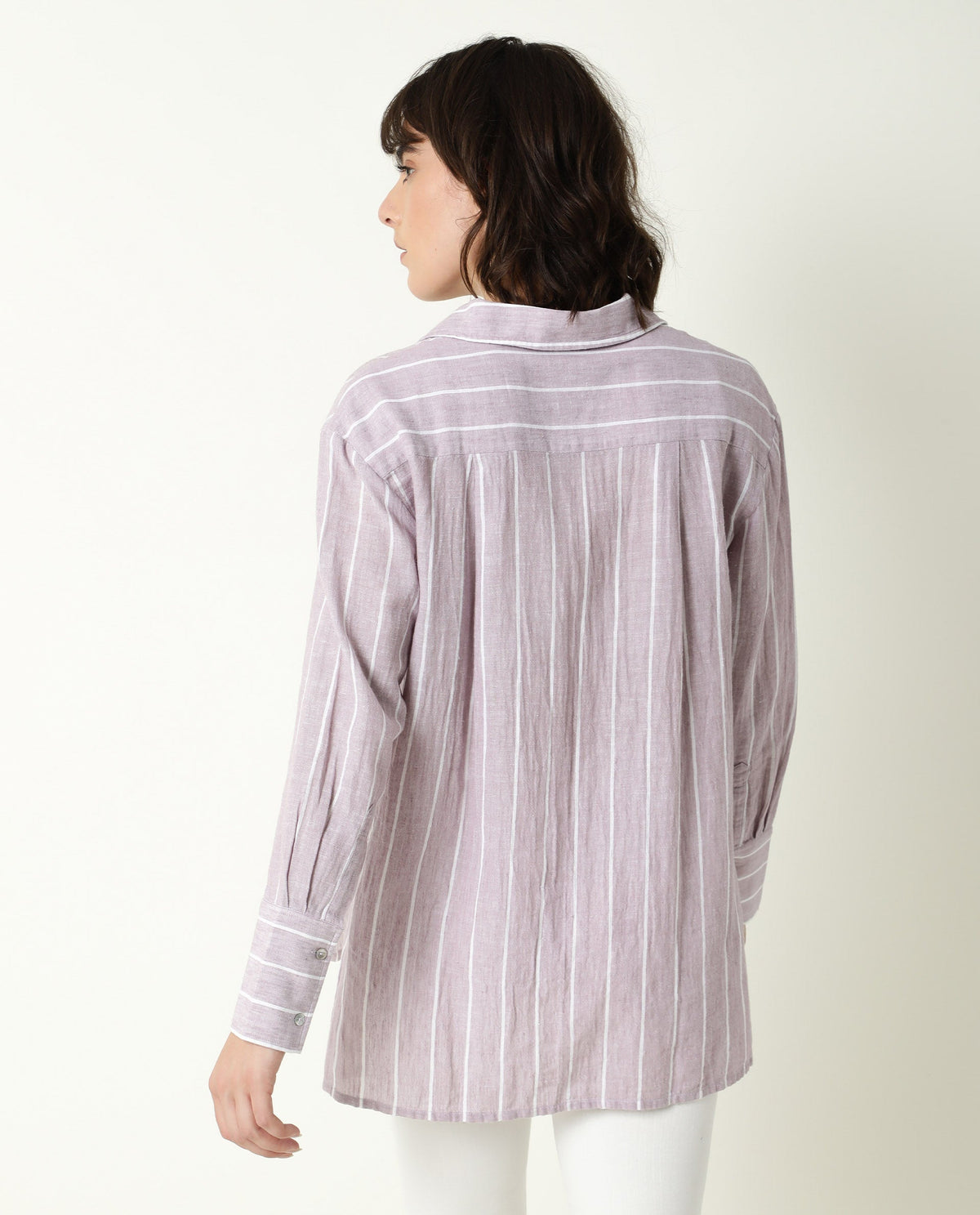 Rareism Women Vrish Pastel Purple Cotton Linen Fabric Relaxed Fit Collared Neck Full Sleeves Striped Top