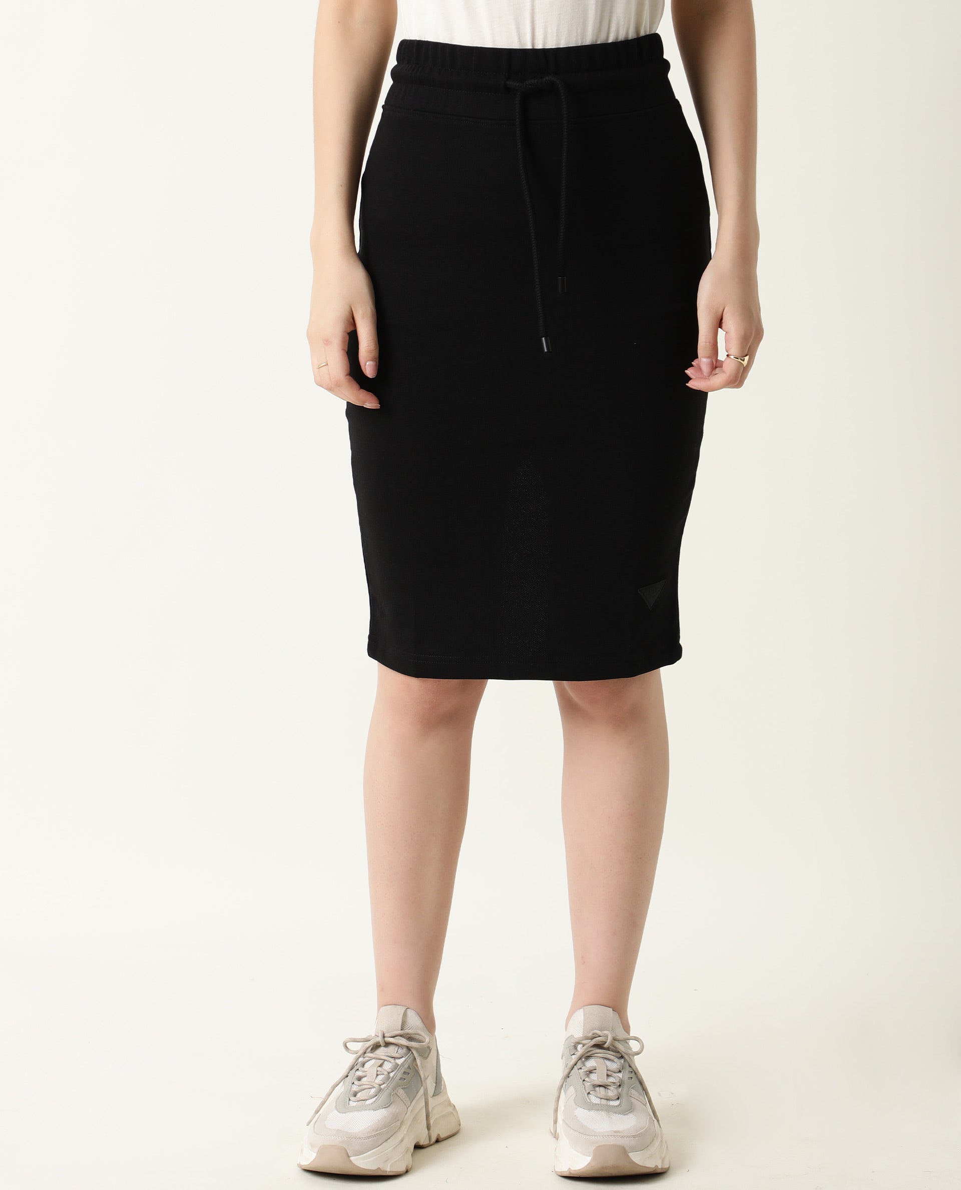 Rareism Women Fudge-1 Black Poly Cotton Fabric Tailored Fit High Rise Solid Midi Skirt