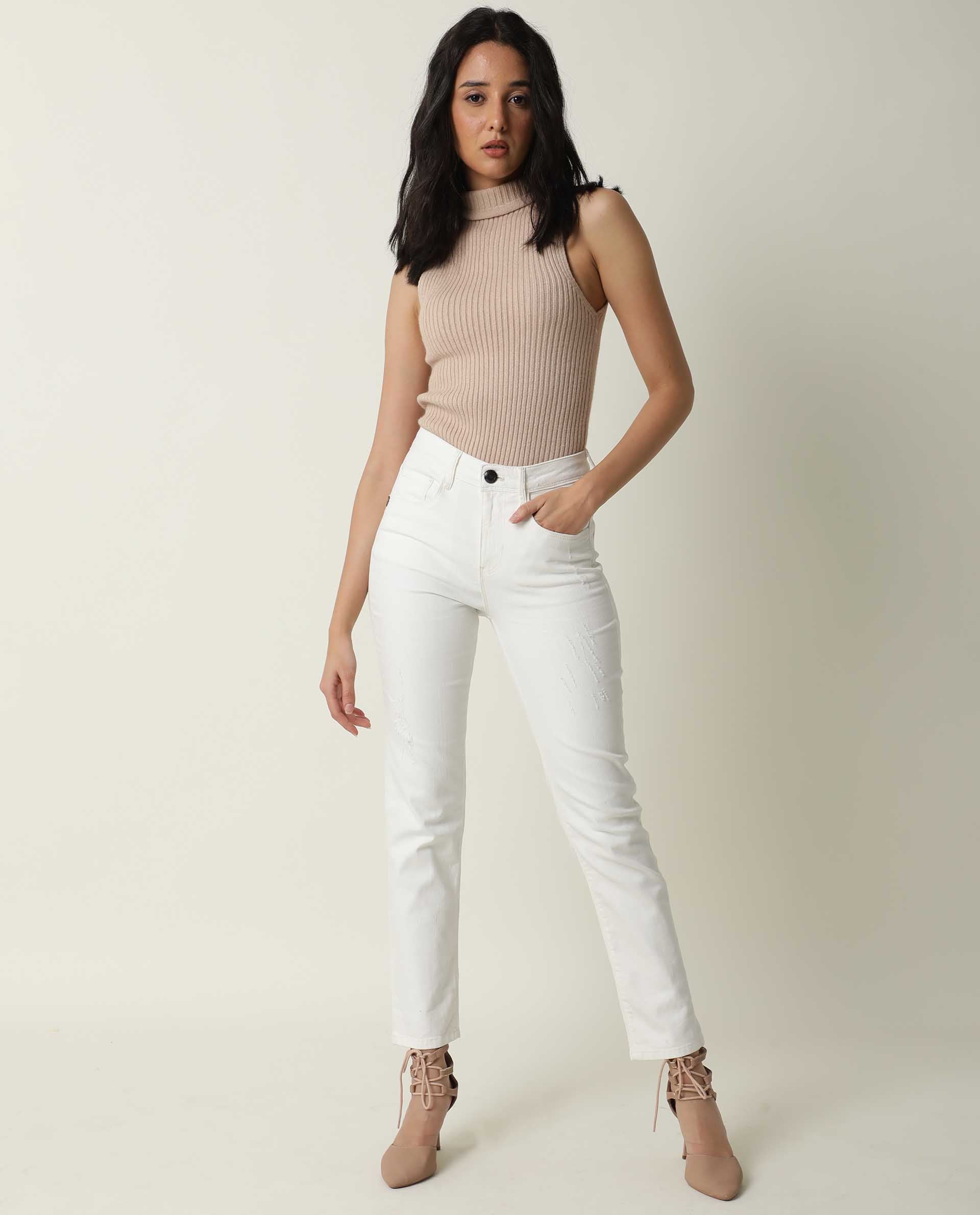 Rareism Women Gara White Cotton Fabric Mid Rise Solid Tailored Fit Ankle Length Jeans