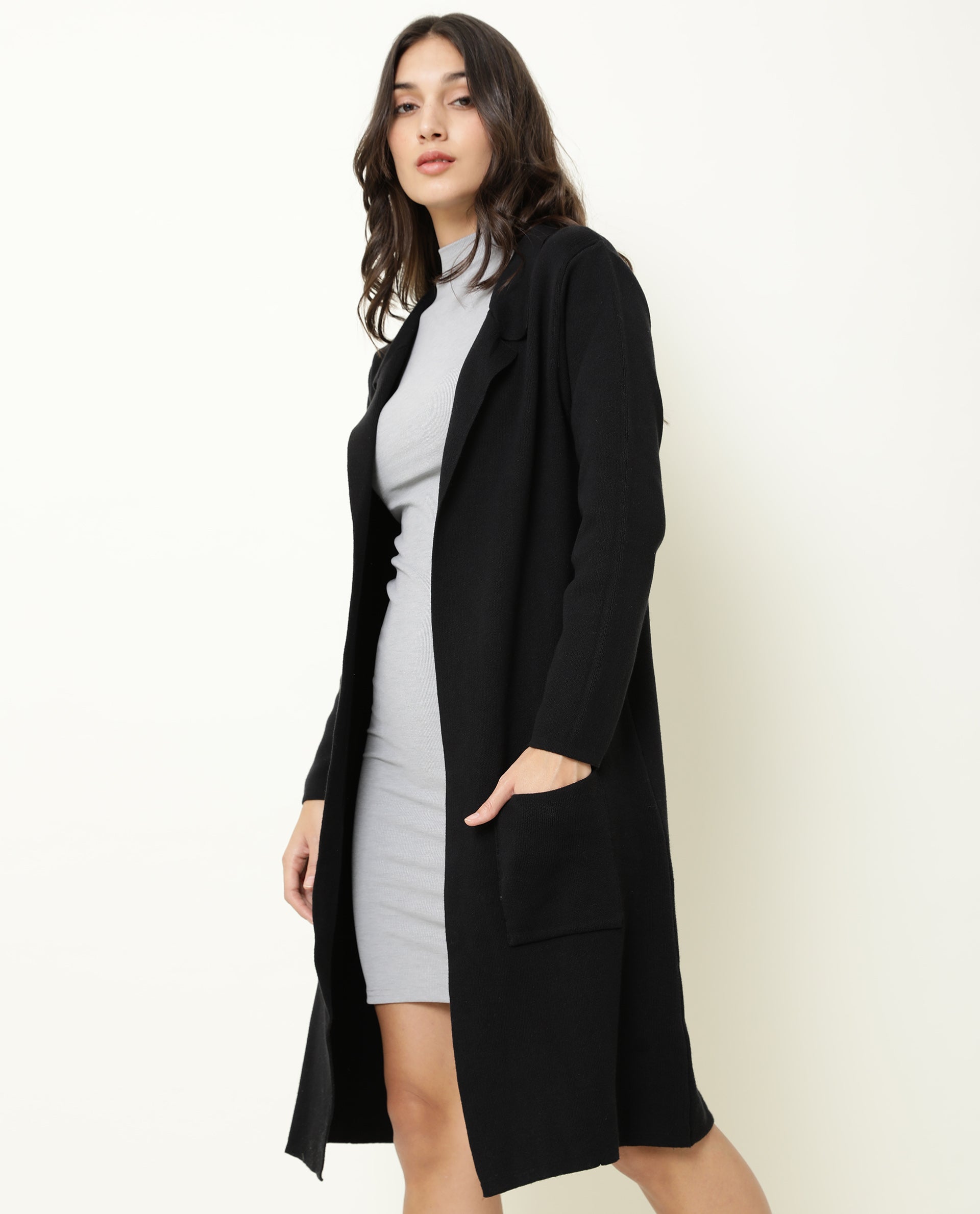 Rareism Women Trident Black Cotton Fabric Full Sleeves Knee Length Regular Fit Solid Lapel Neck Sweater