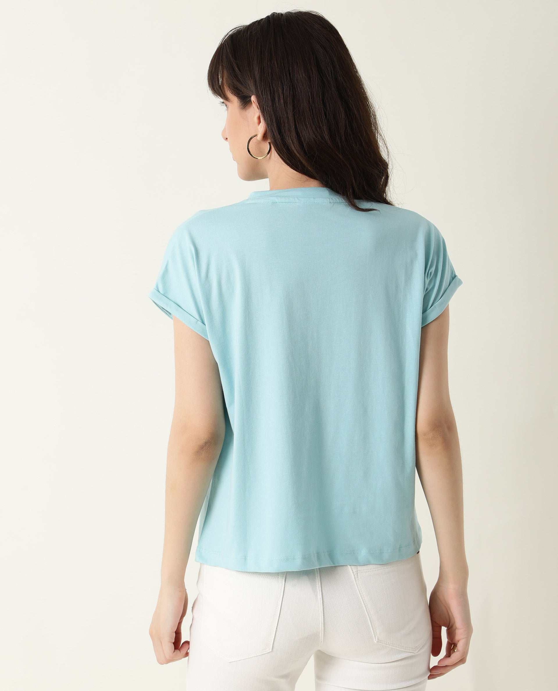 Rareism Women Cardi Light Blue Cotton Fabric Regular Fit Half Sleeves Graphic Print Crew Neck T-Shirt