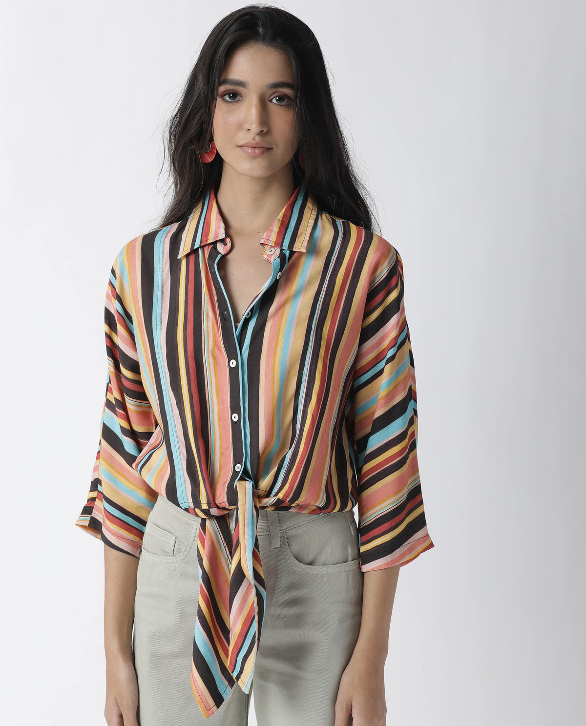 Rareism Womens Drumroll Multi Top Viscose Fabric Regular Fit 3/4 Sleeve Collared Neck