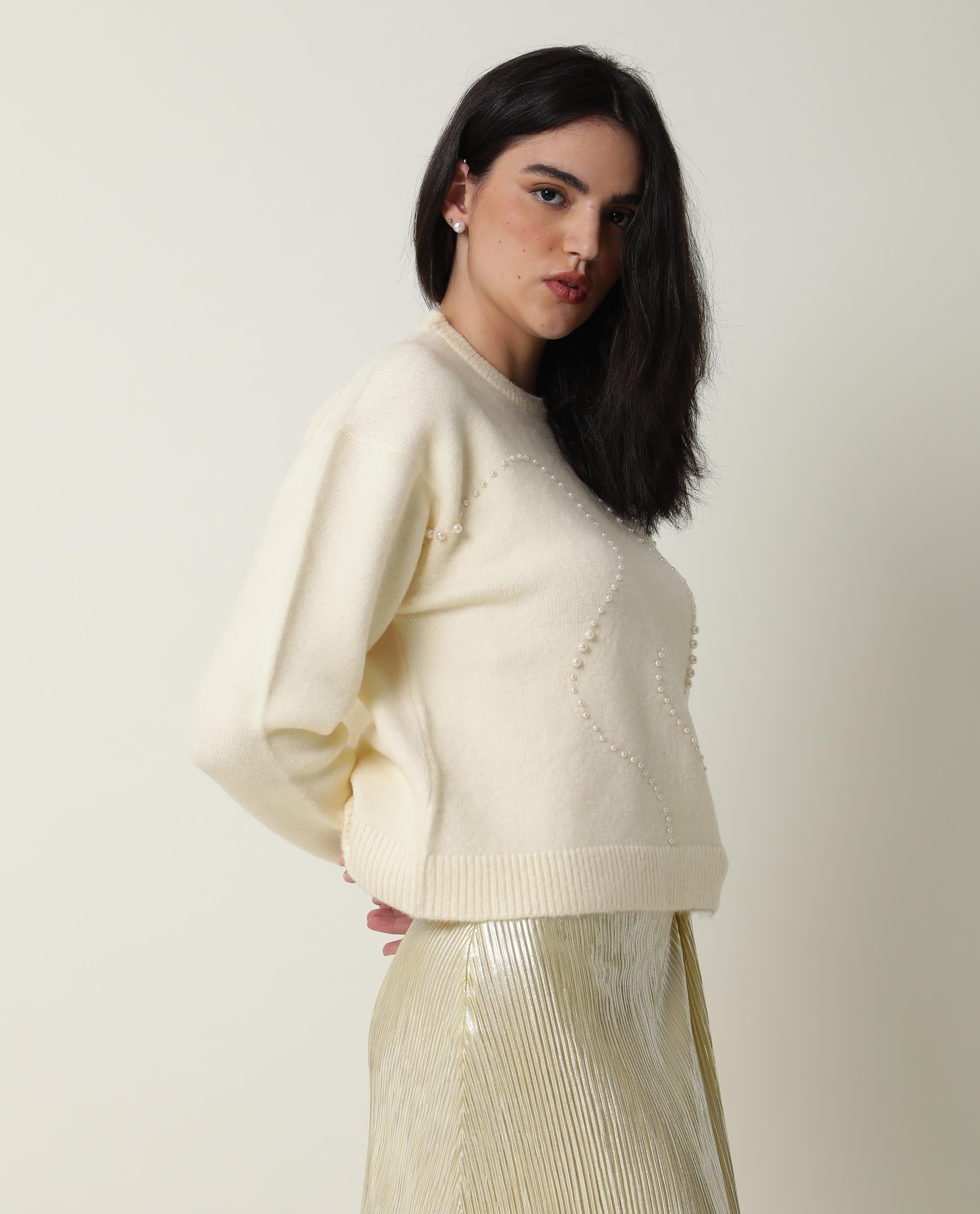 Rareism Women Tulsy Off White Acrylic Fabric Full Sleeves Knee Length Regular Fit Sequined Round Neck Sweater