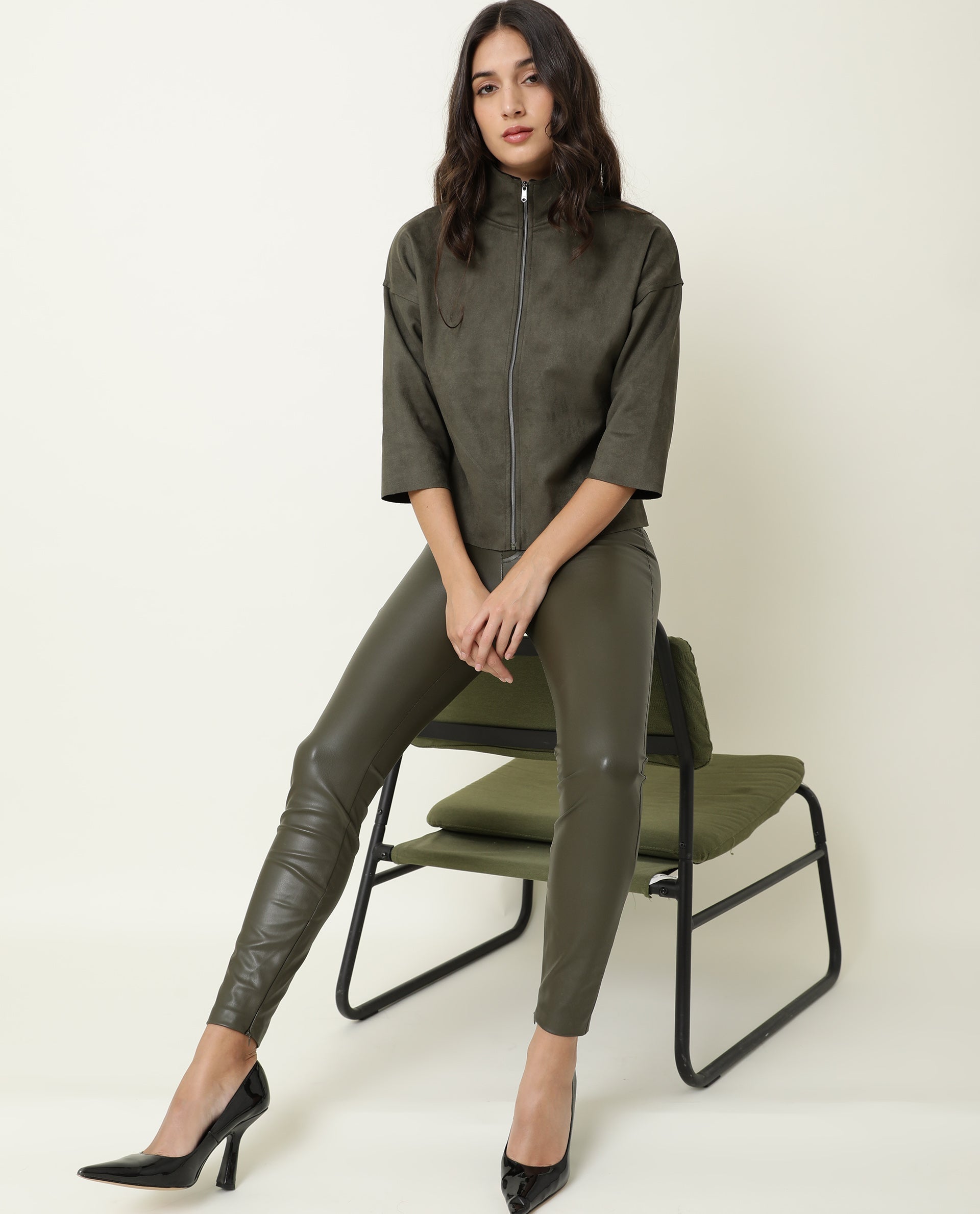 Rareism Women Vasu Olive Polyester Fabric 3/4Th Sleeves Solid High Neck Jacket