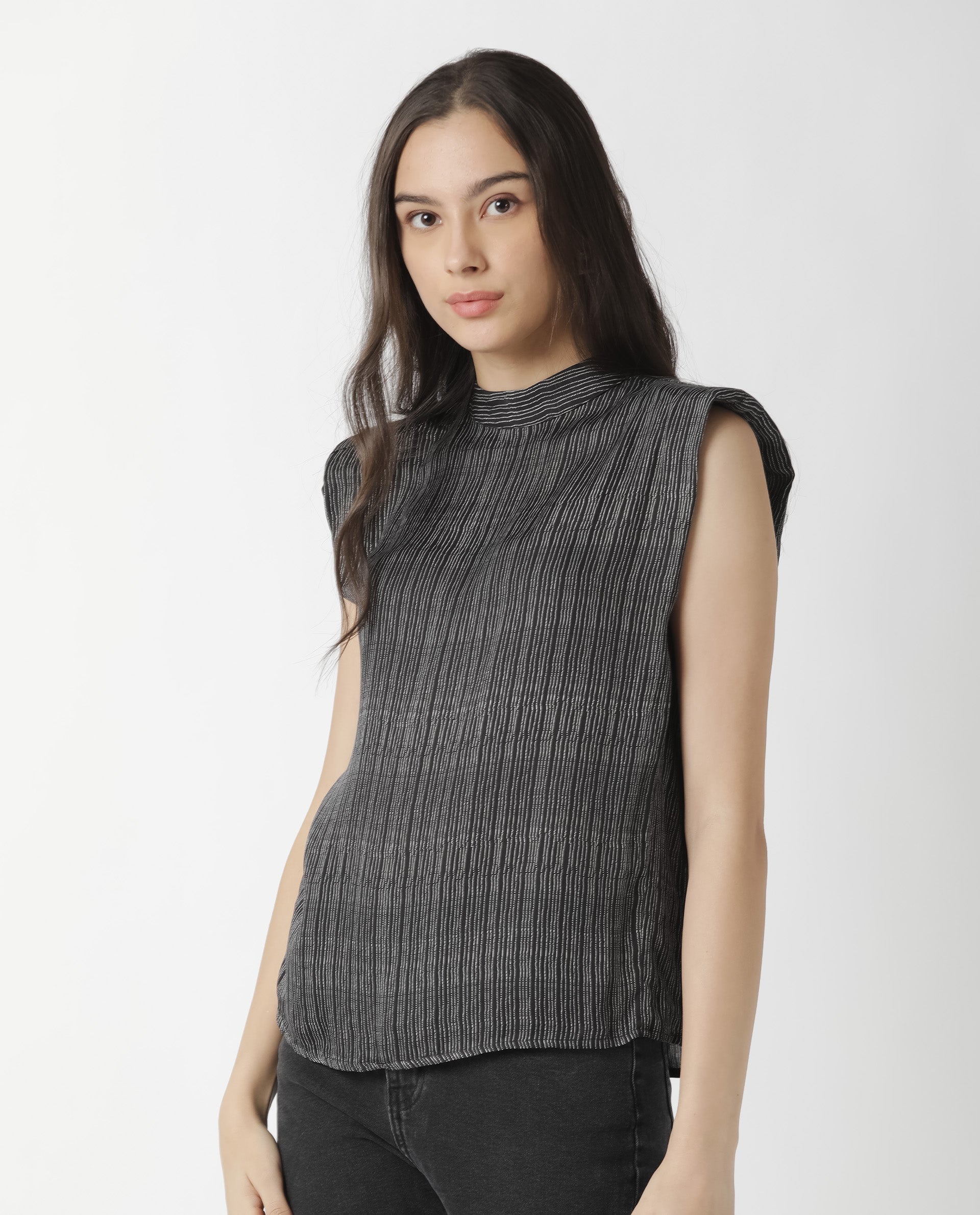 Rareism Women Yella Black Top Sleeveless Printed