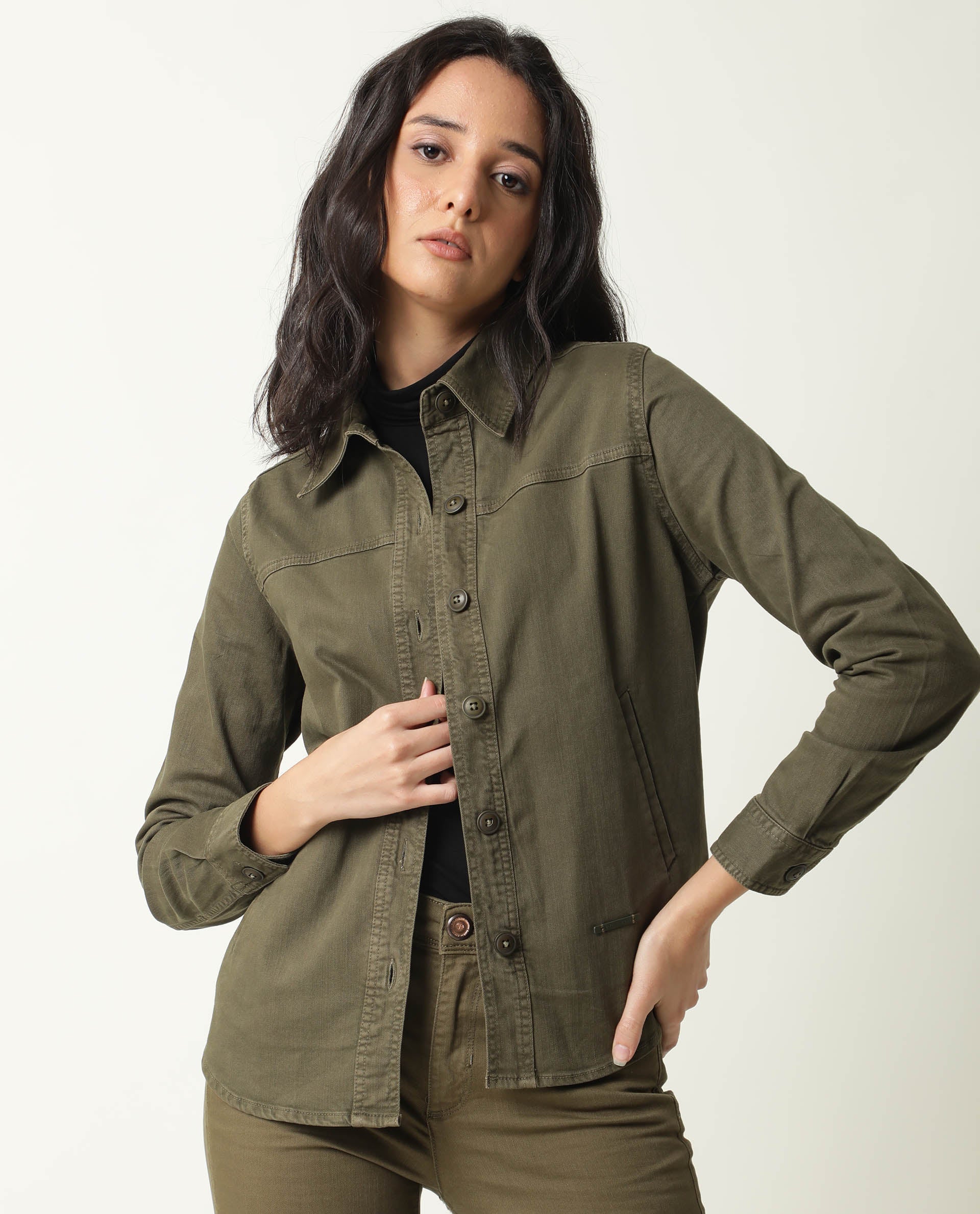 Rareism Women Mission Green Cotton Lycra Fabric Full Sleeves Solid Shirt Collar Jacket