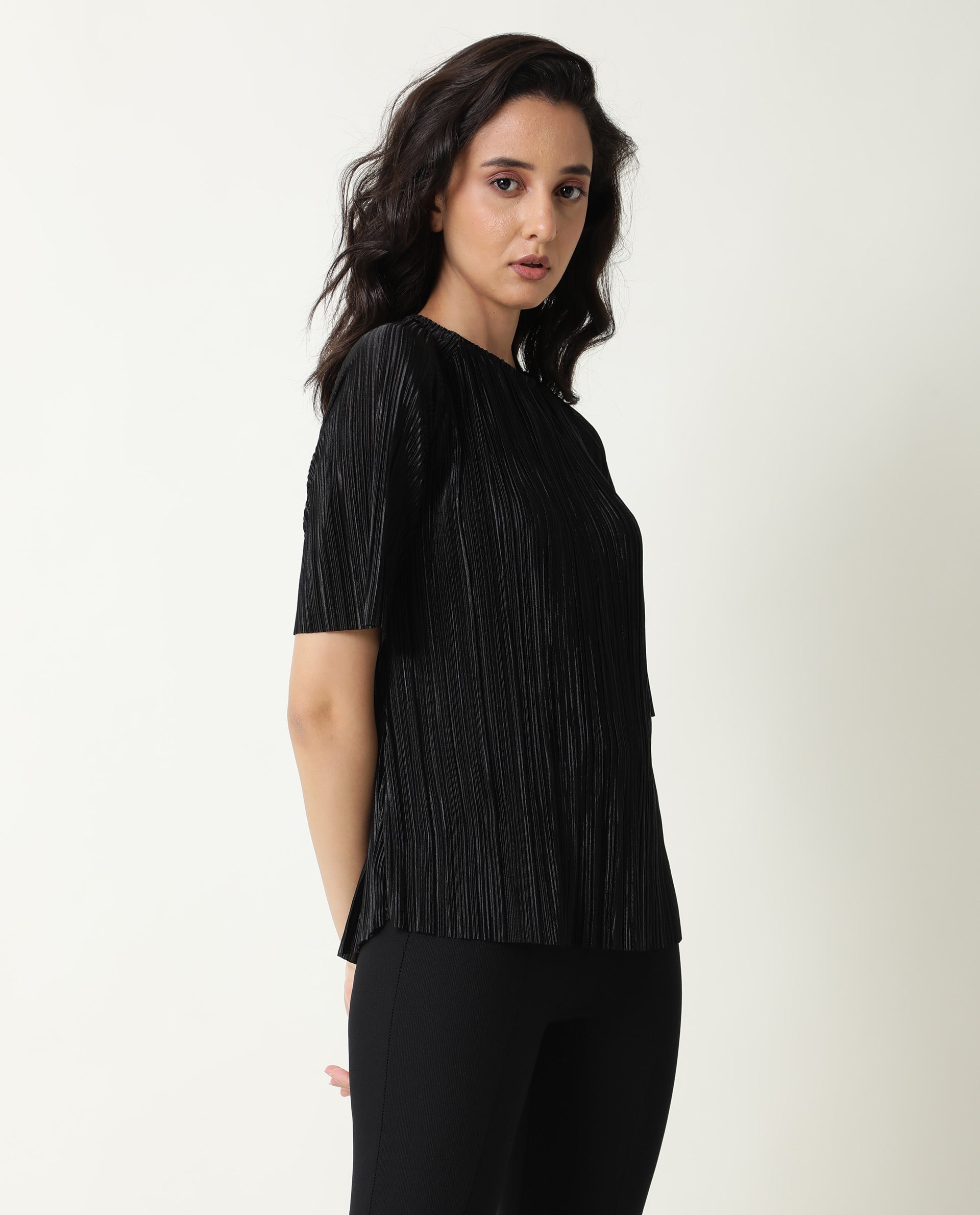 Rareism Women Shory Black Top Polyester Fabric Full Sleeves Solid
