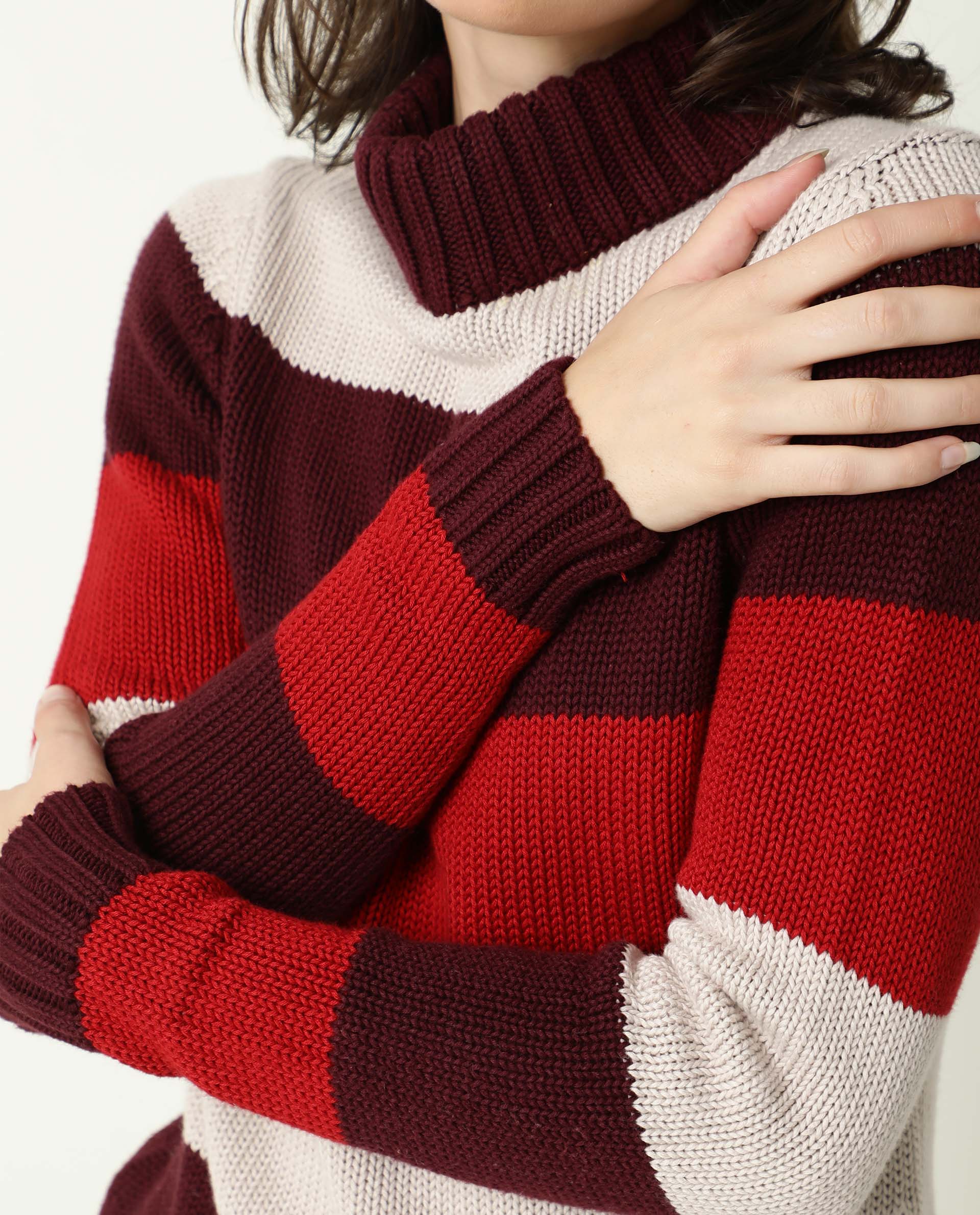 Rareism Women Tony Maroon Full Sleeves Regular Fit Color Blocked Turtle Neck Sweater