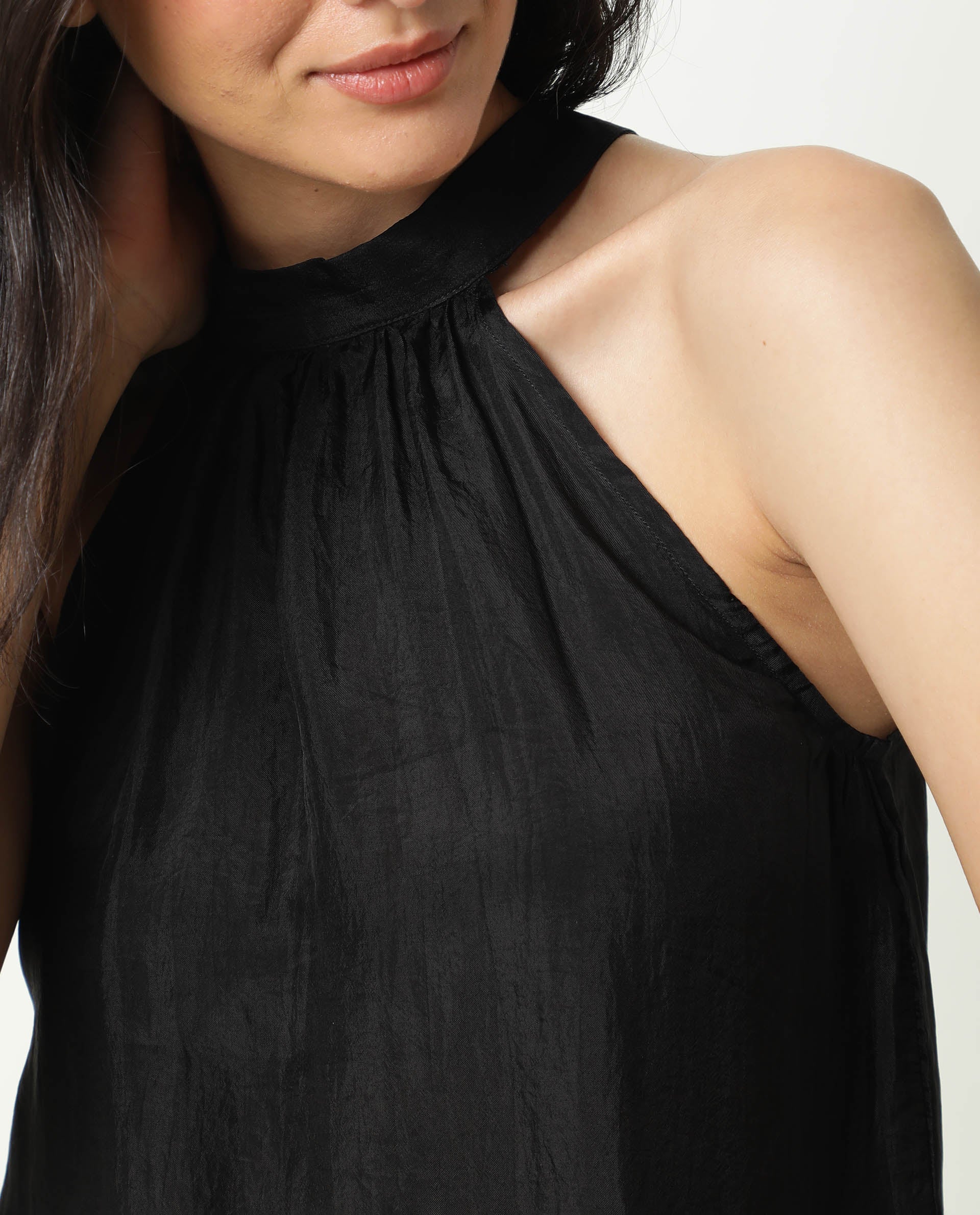 Rareism Women Sahano Black Poly Viscose Fabric Slim Fit Halter Neck Sleeveless Solid Top