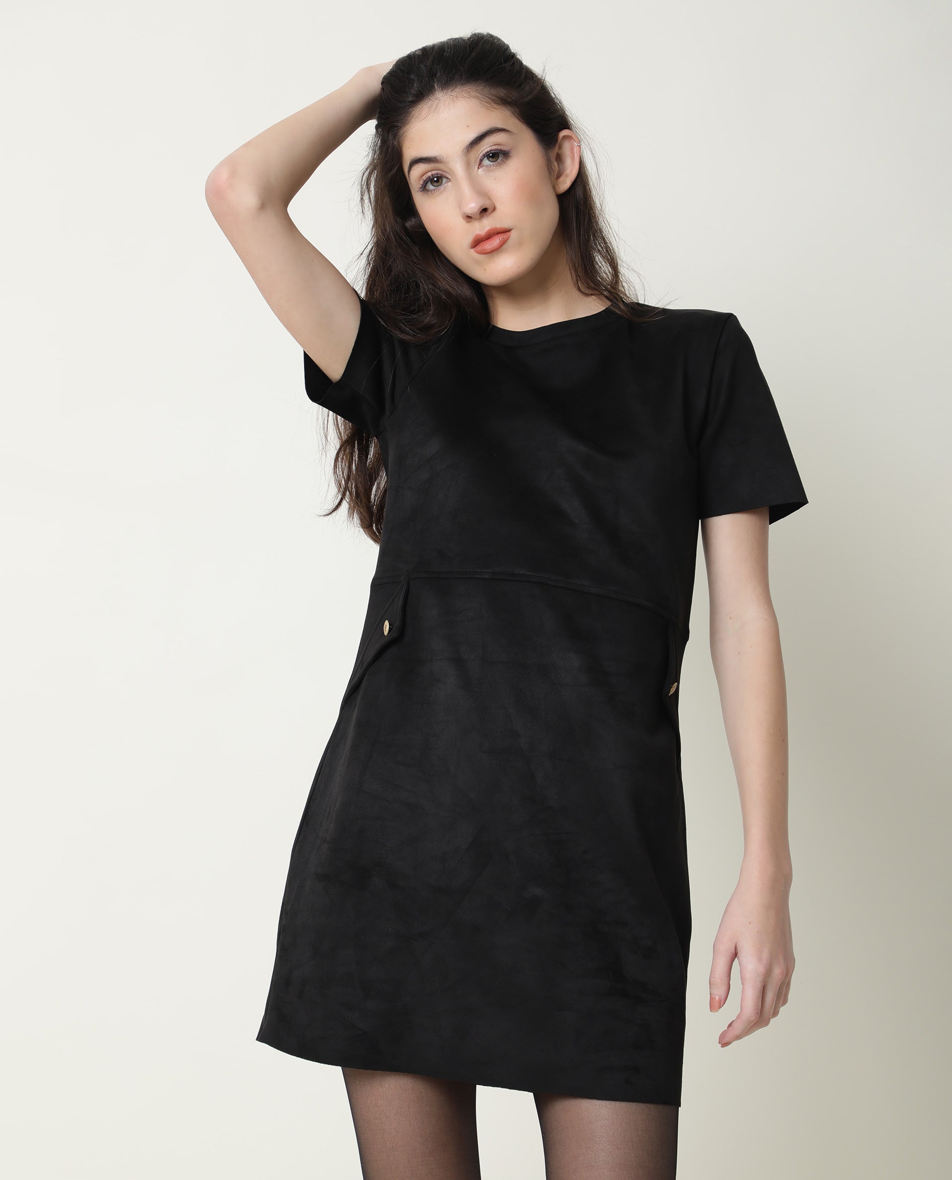 Rareism Women's Sions Black Crew Neck Plain Knee Length Tailored Dress