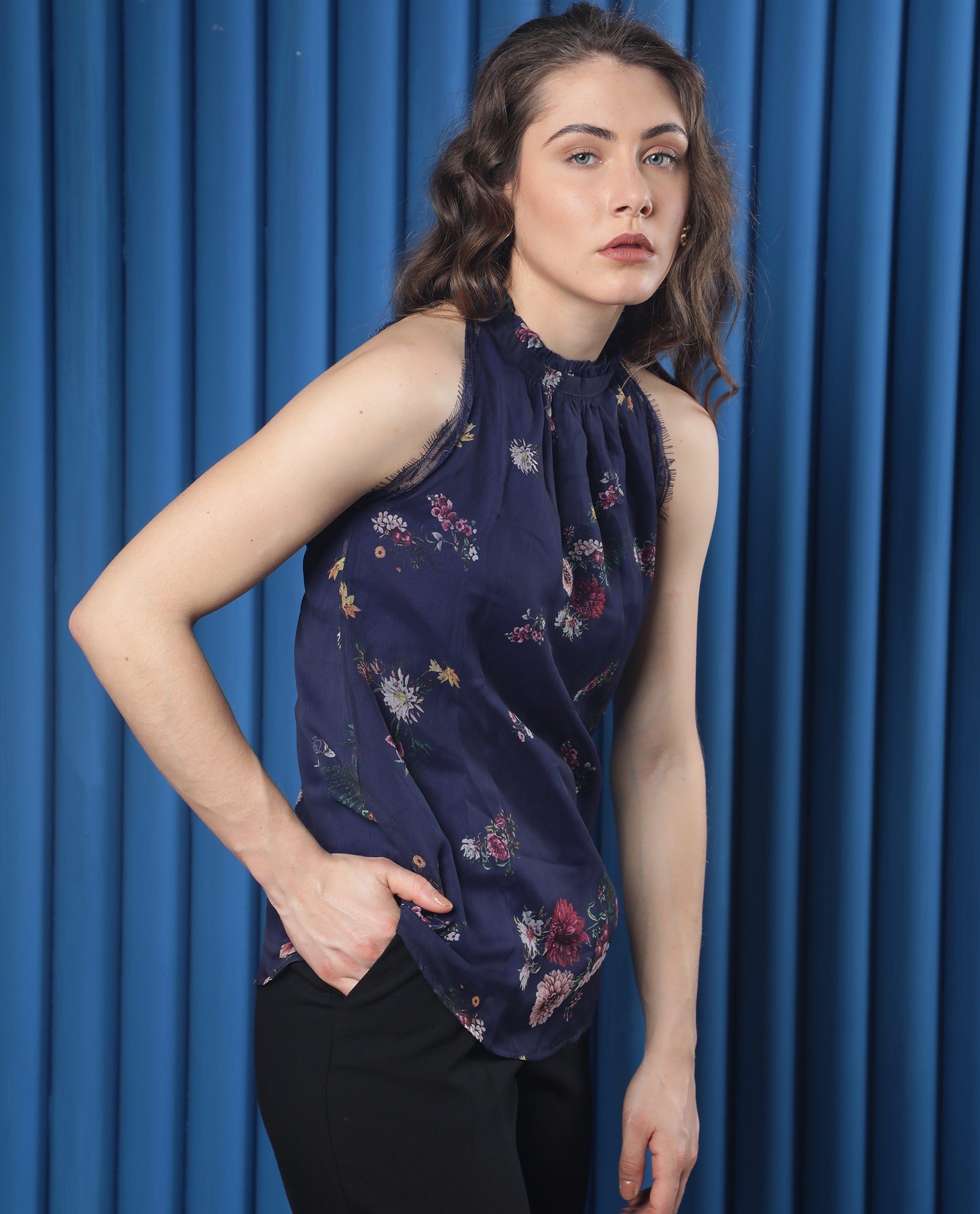 Rareism Women's Delins Blue Polyester High Neck Floral Print Sleeveless Regular Fit Top