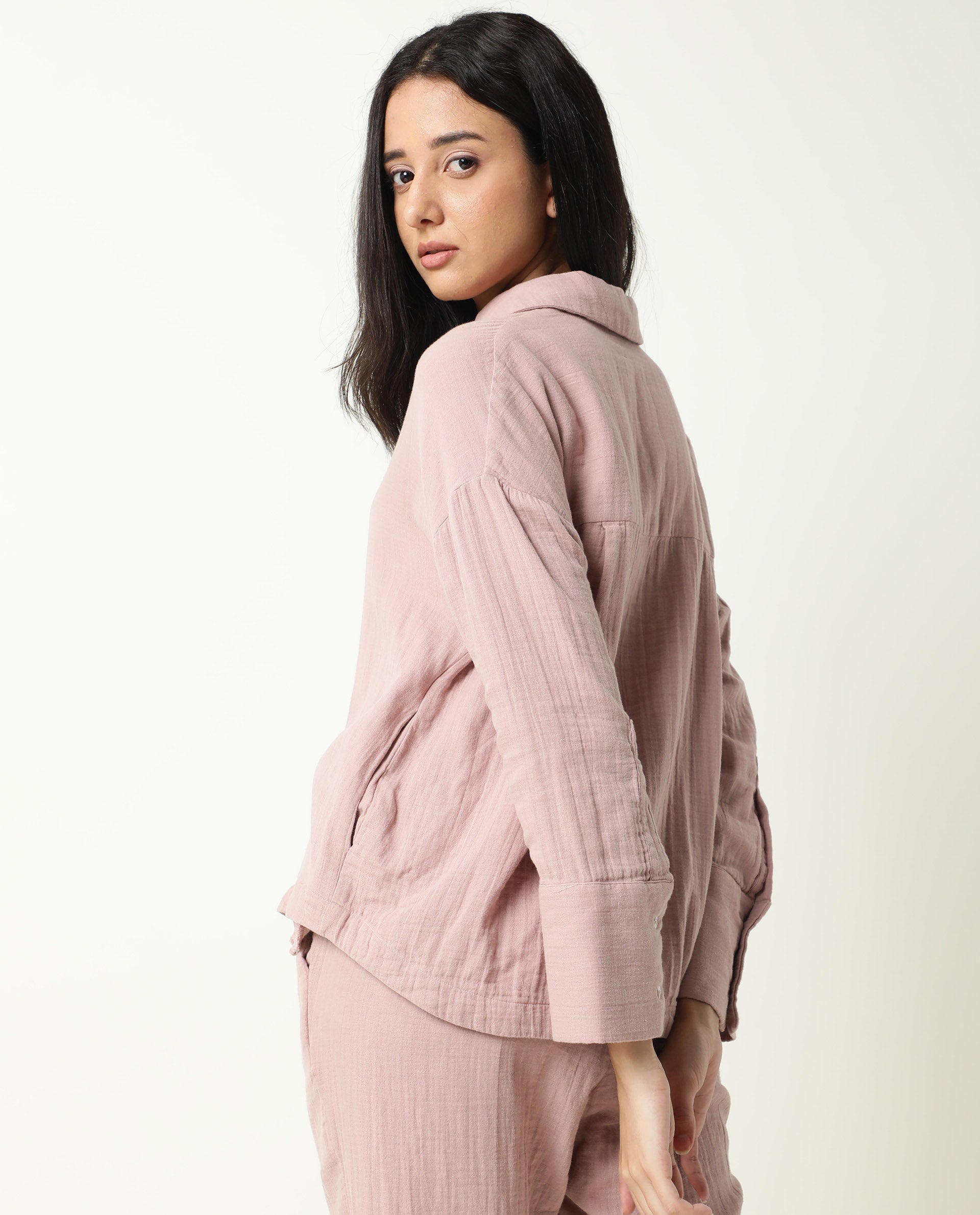 Rareism Womens Hemming Pink Top Cotton Fabric Regular Fit Cuffed Sleeve Collared Neck