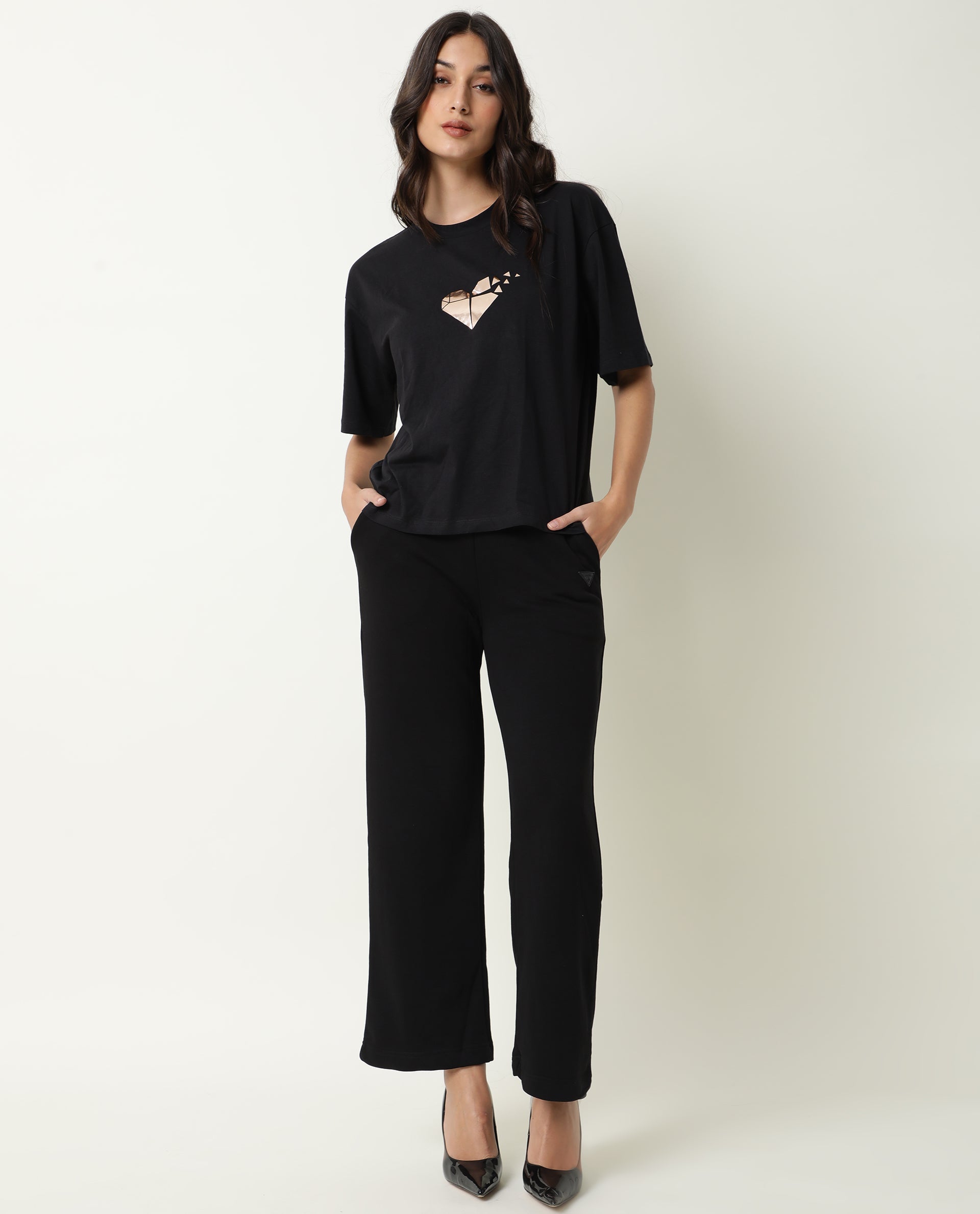 Rareism Women Pazo-1 Black Poly Cotton Fabric Relaxed Fit Solid Mid Rise Ankle Length Track Pant