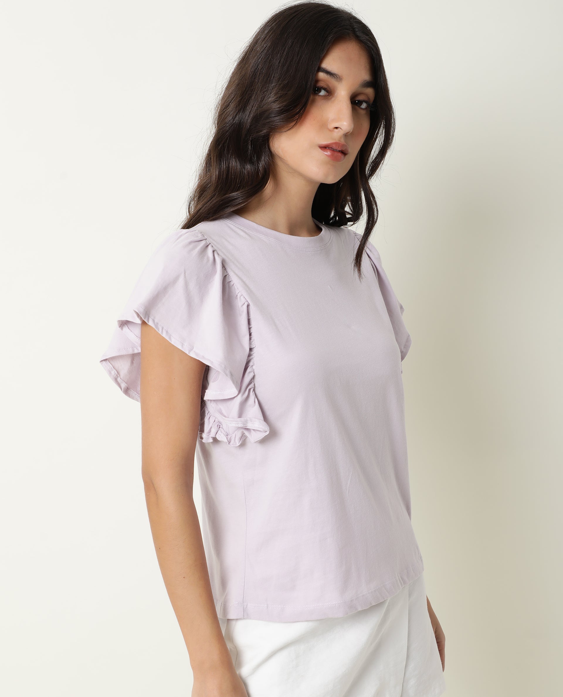 Rareism Women's Yatch Purple Cotton Crew Neck Plain Ruffled Sleeve Regular Fit Top