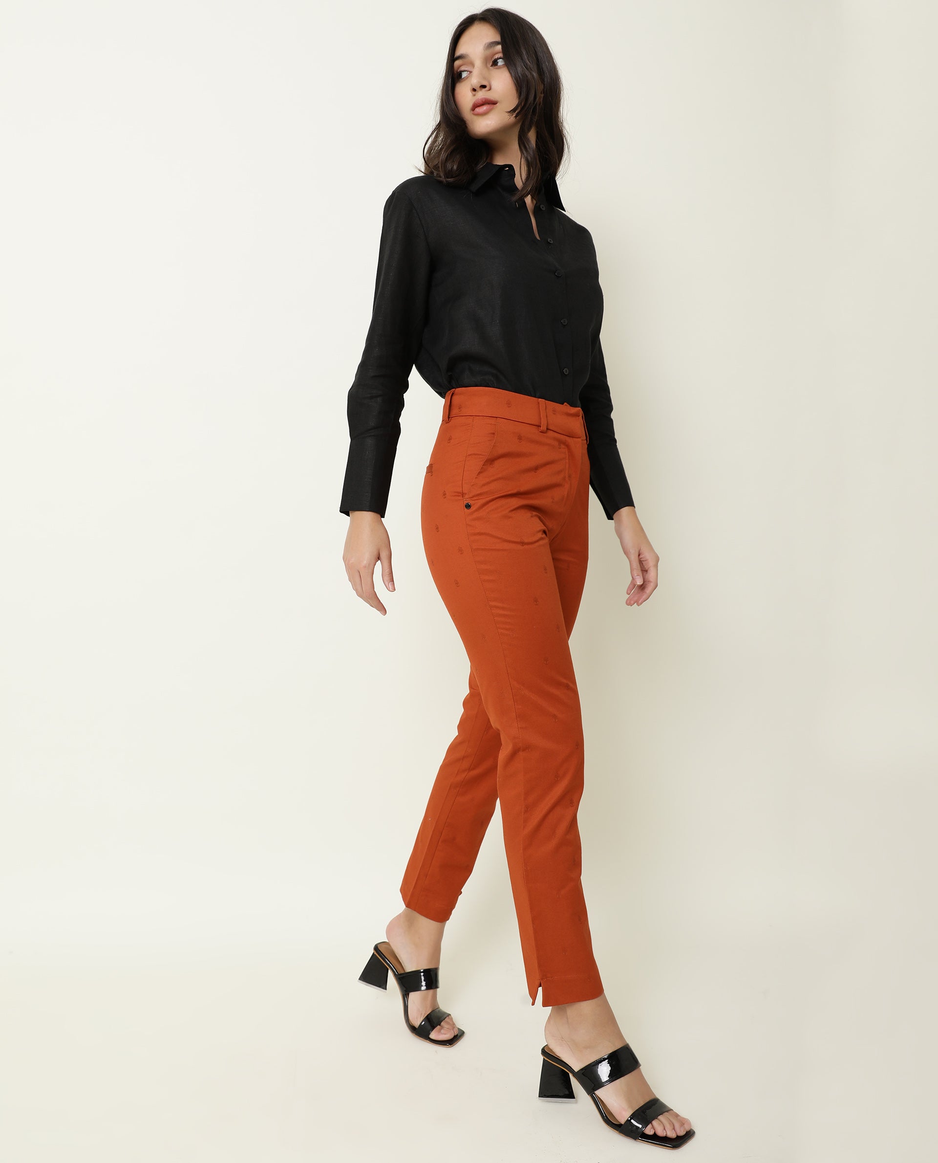 Rareism Women Odyssey Rust Viscose Fabric Tailored Fit High Rise Solid Ankle Length Trousers