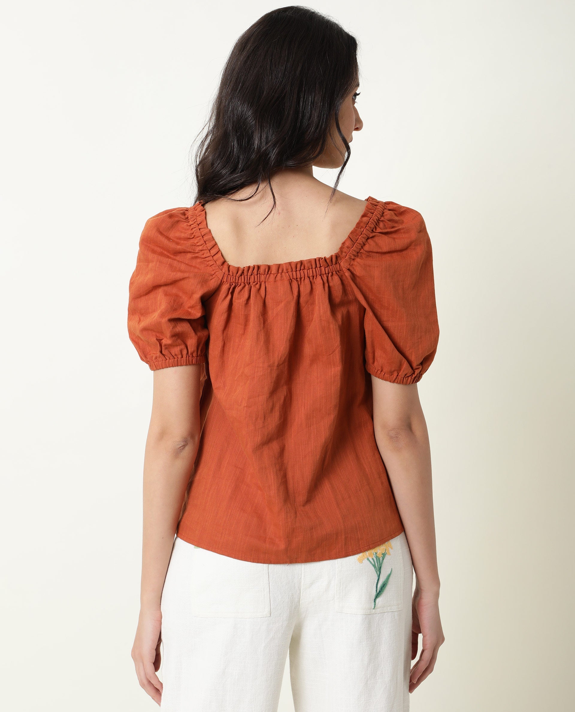 Rareism Womens Gamora Rust Top Cotton Linen Fabric Loose Fit Puff Sleeves Square Neck