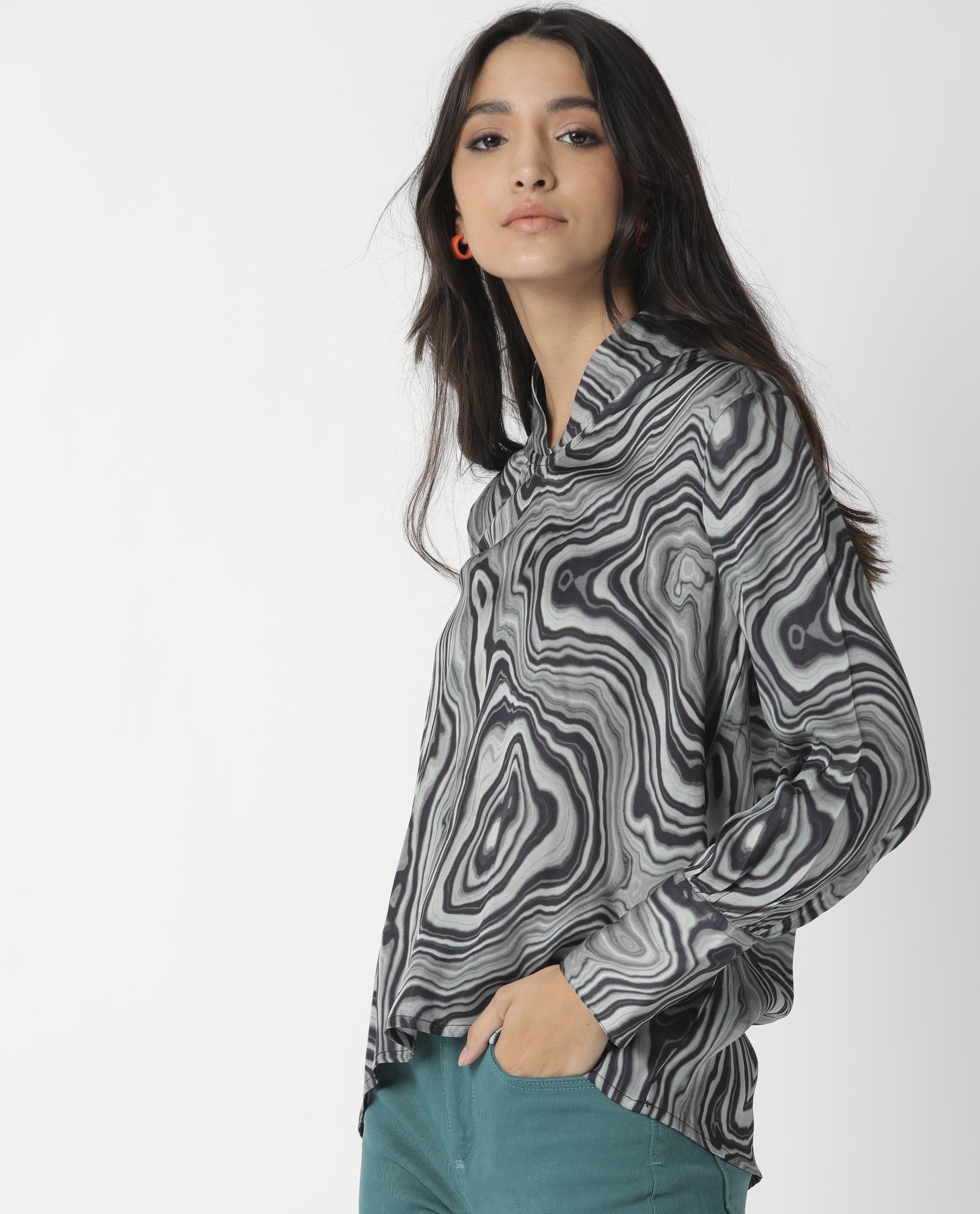 Rareism Womens Camp Black Top Modal Satin Fabric Regular Fit Cuffed Sleeve Mandarin Neck