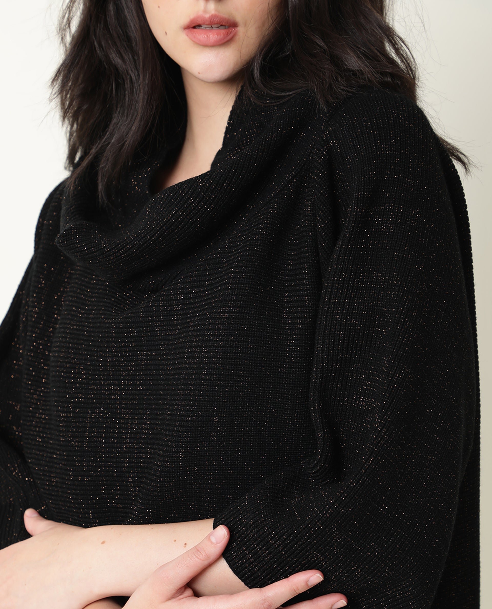 Rareism Women Innov Black Polyester Fabric 3/4Th Sleeves Knee Length Relaxed Fit Solid Cowl Neck Sweater