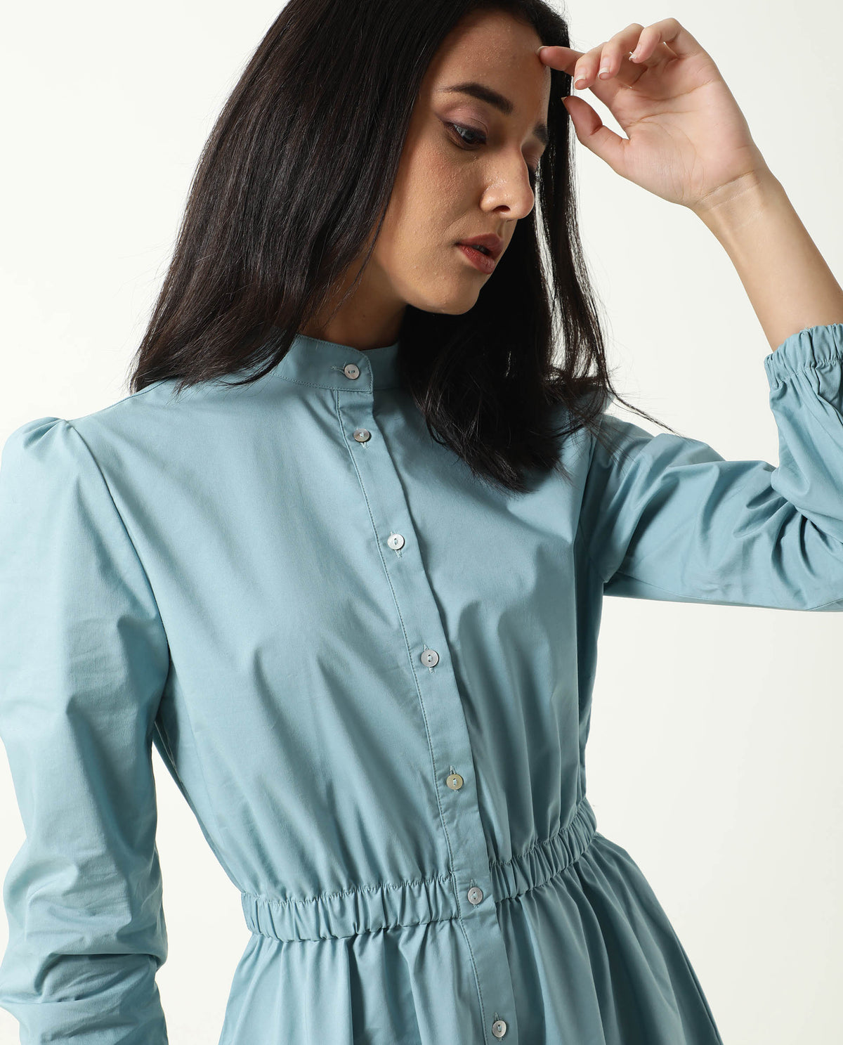 Rareism Women Darla Blue Mandarin Collar Full Front Button Closure Placket With Full Sleeves And Pocket Mini Dress