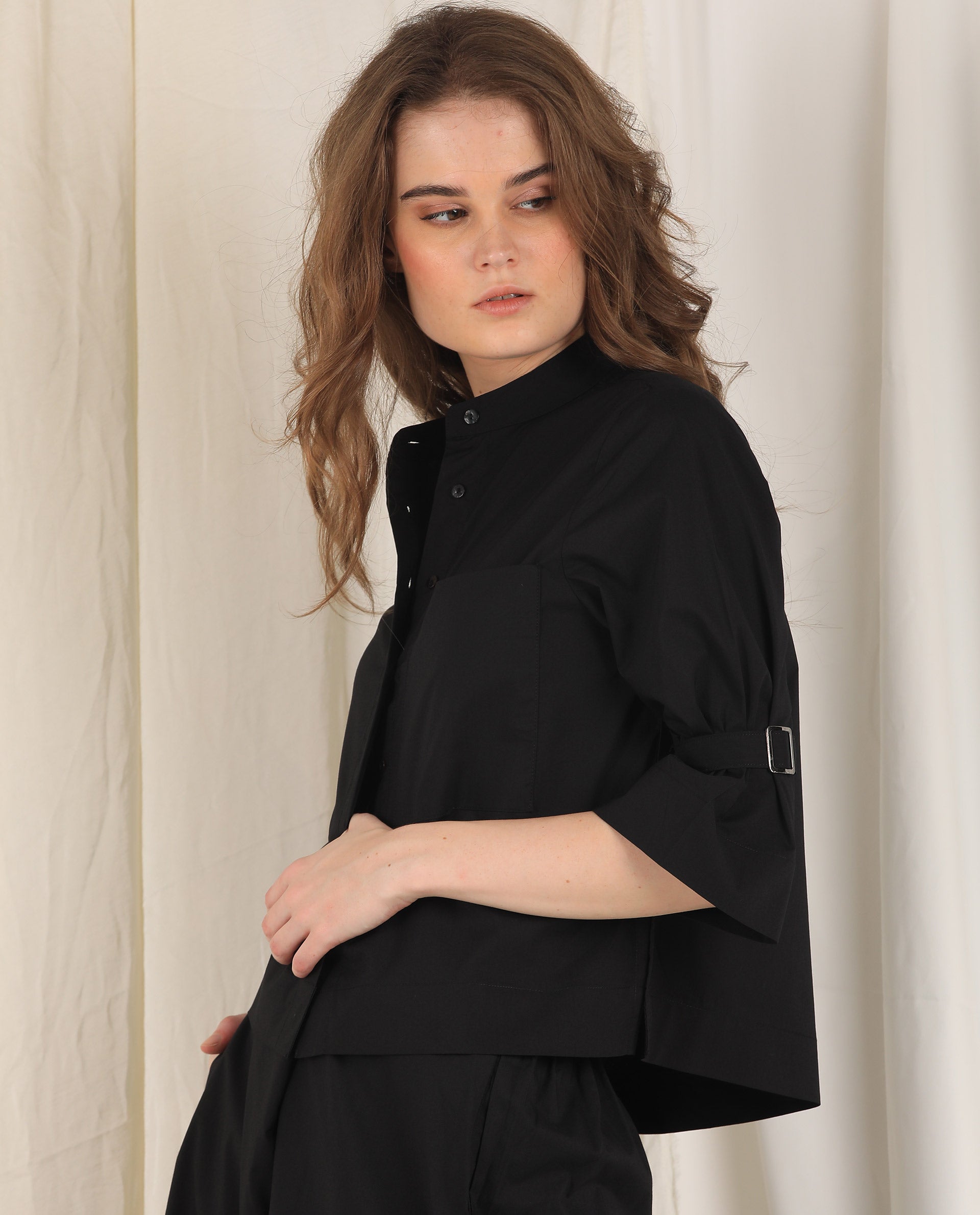 Rareism Women's Sendai Black Mandarin Collar Plain Knee Length Regular Fit Top