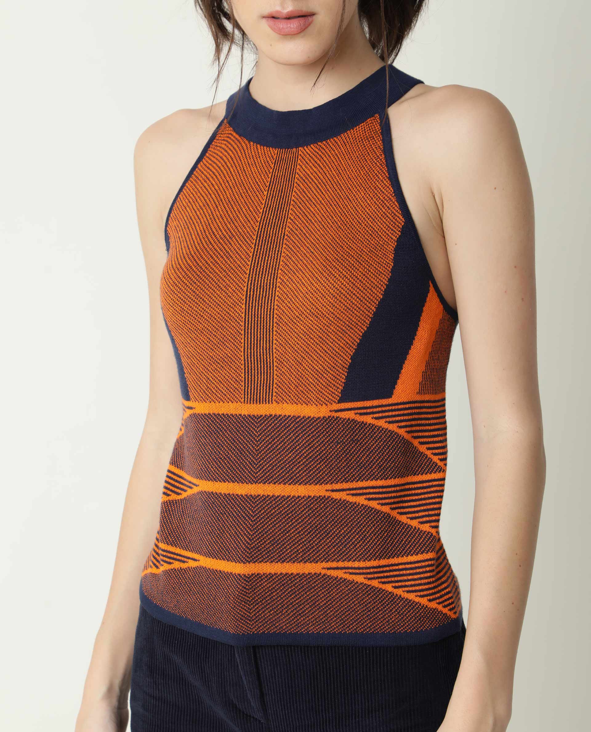 Rareism Women Lila Orange Cotton Fabric Sleeveless Regular Fit Abstract Print Halter Neck Sweater