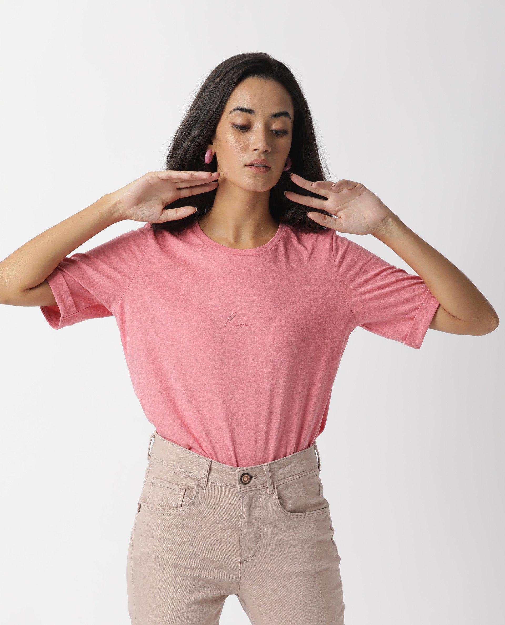 Rareism Women Nova Tee 2 Pink Cotton Fabric Regular Fit Half Sleeves Solid Round Neck T-Shirt