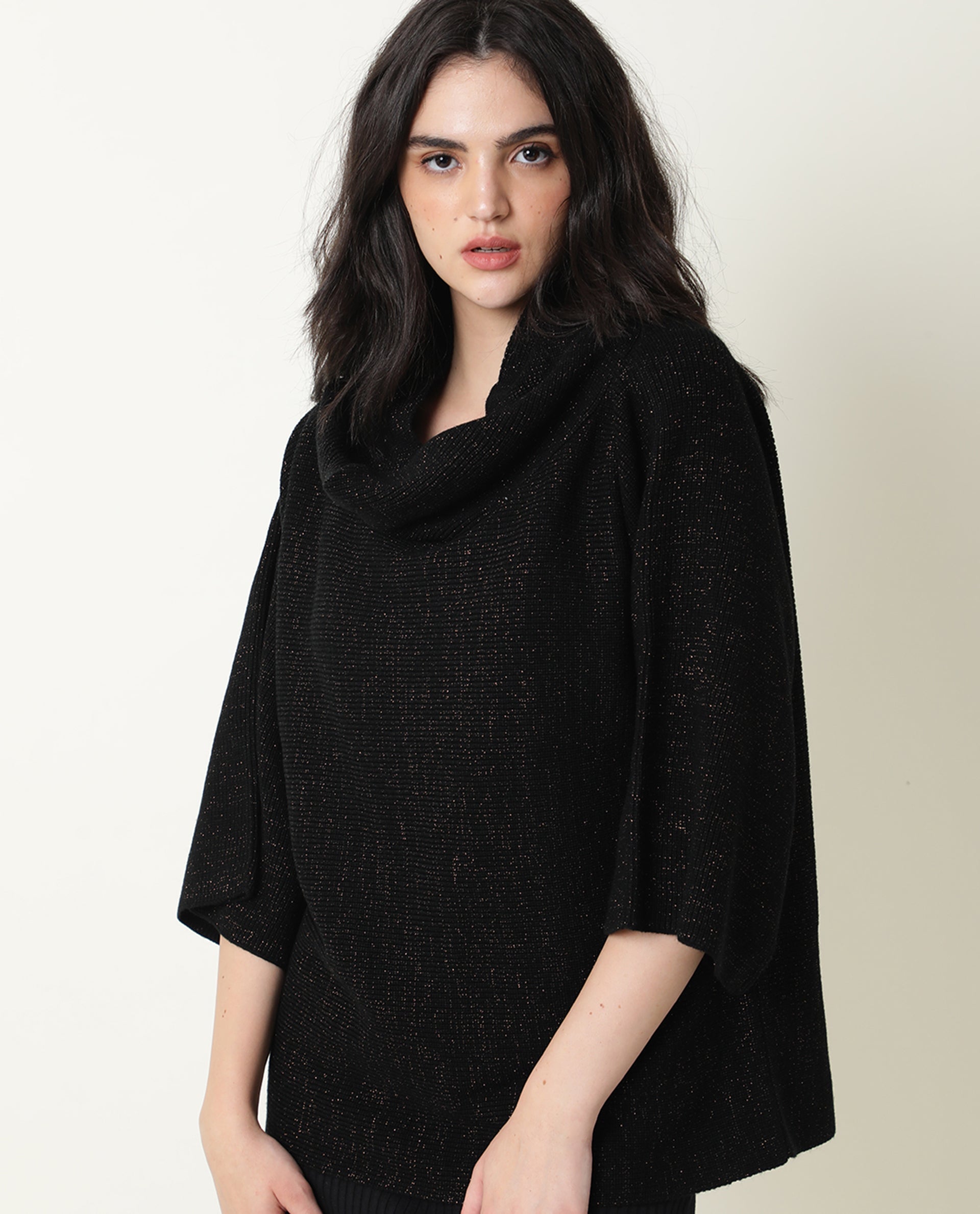 Rareism Women Innov Black Polyester Fabric 3/4Th Sleeves Knee Length Relaxed Fit Solid Cowl Neck Sweater