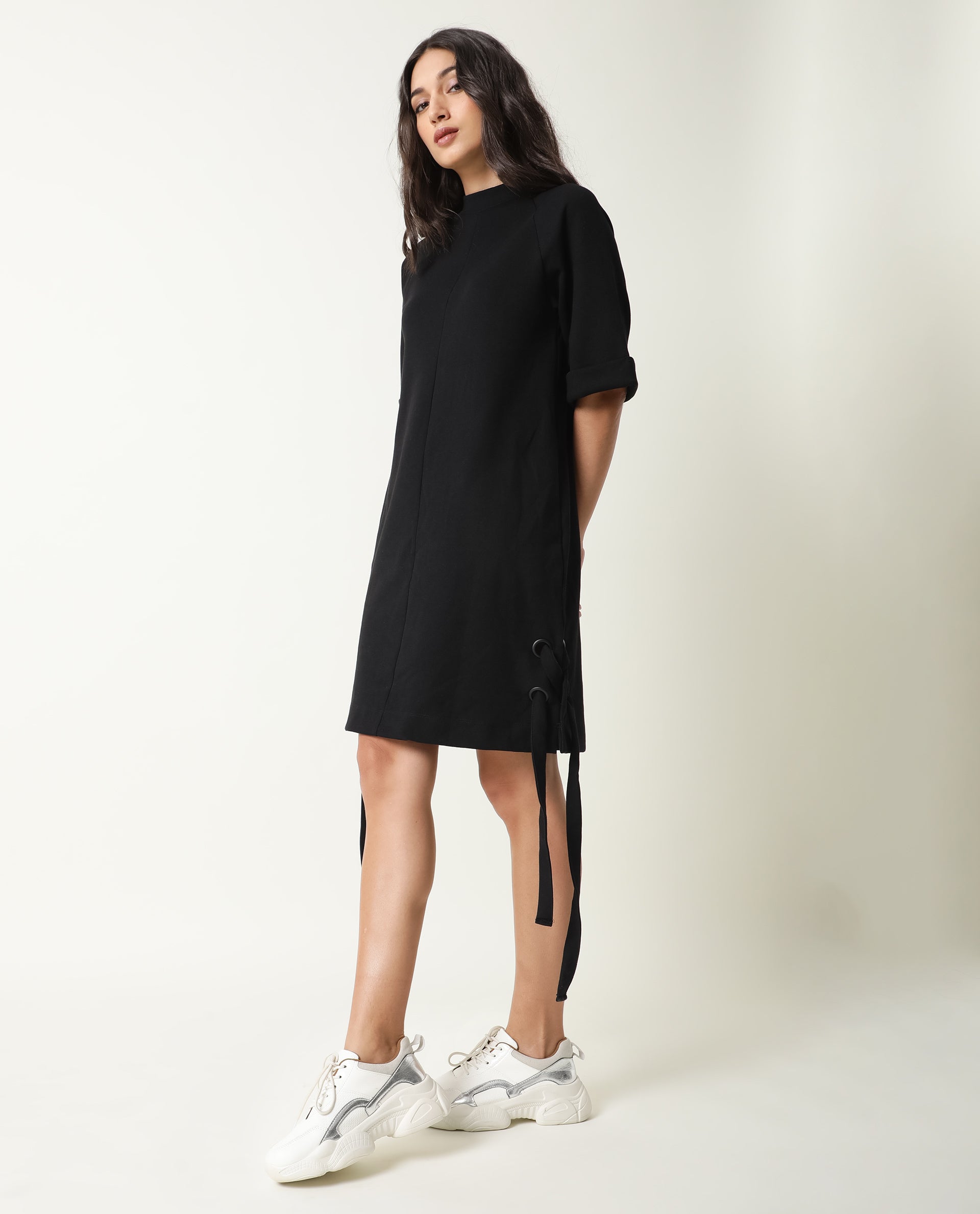 Rareism Womens Inari Black Dress Cotton Fabric Normal Fit Raglan Sleeves Round Neck
