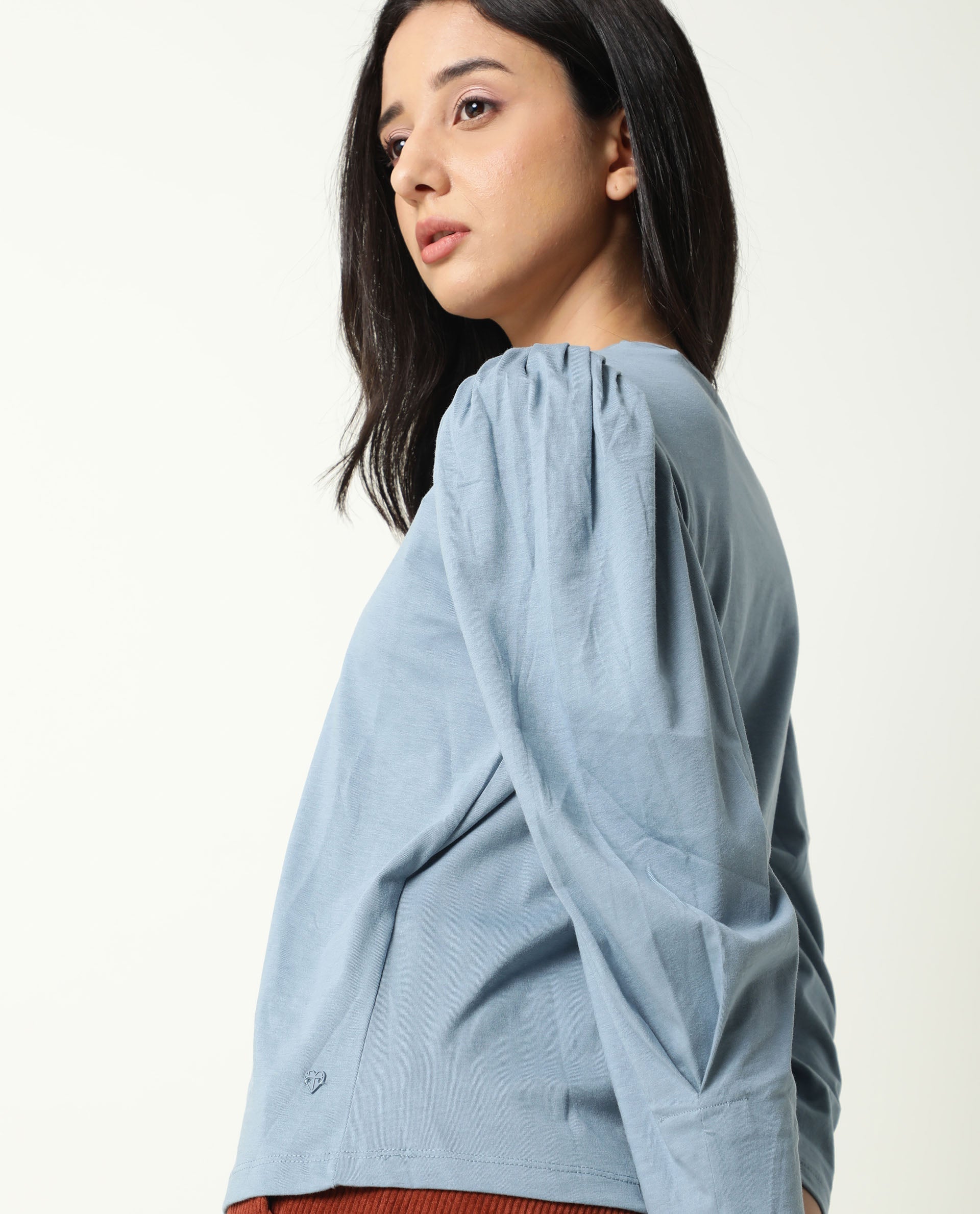 Rareism Women's Ballerina Blue Cotton Boat Neck Plain Knee Length Regular Fit Top