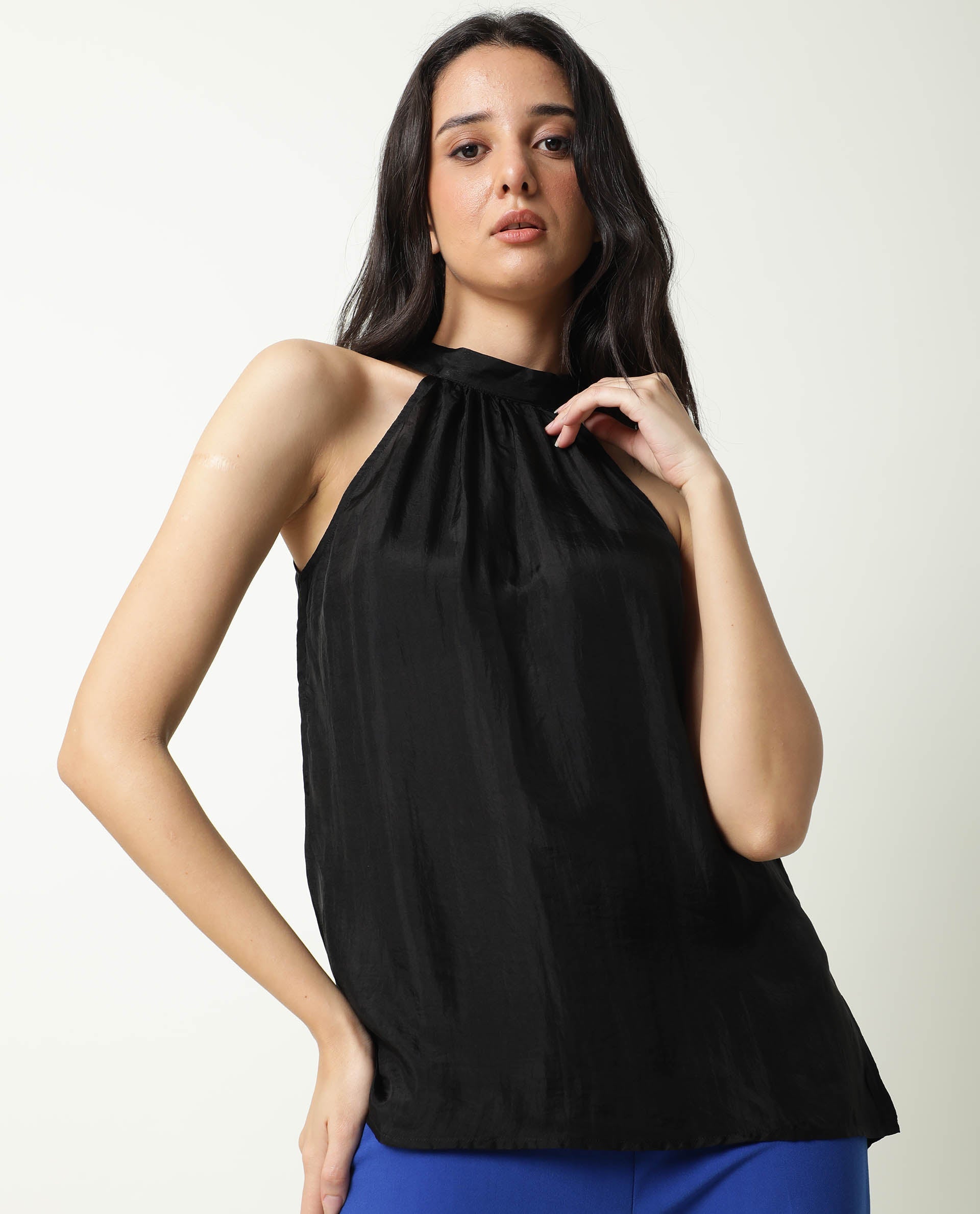 Rareism Women Sahano Black Poly Viscose Fabric Slim Fit Halter Neck Sleeveless Solid Top