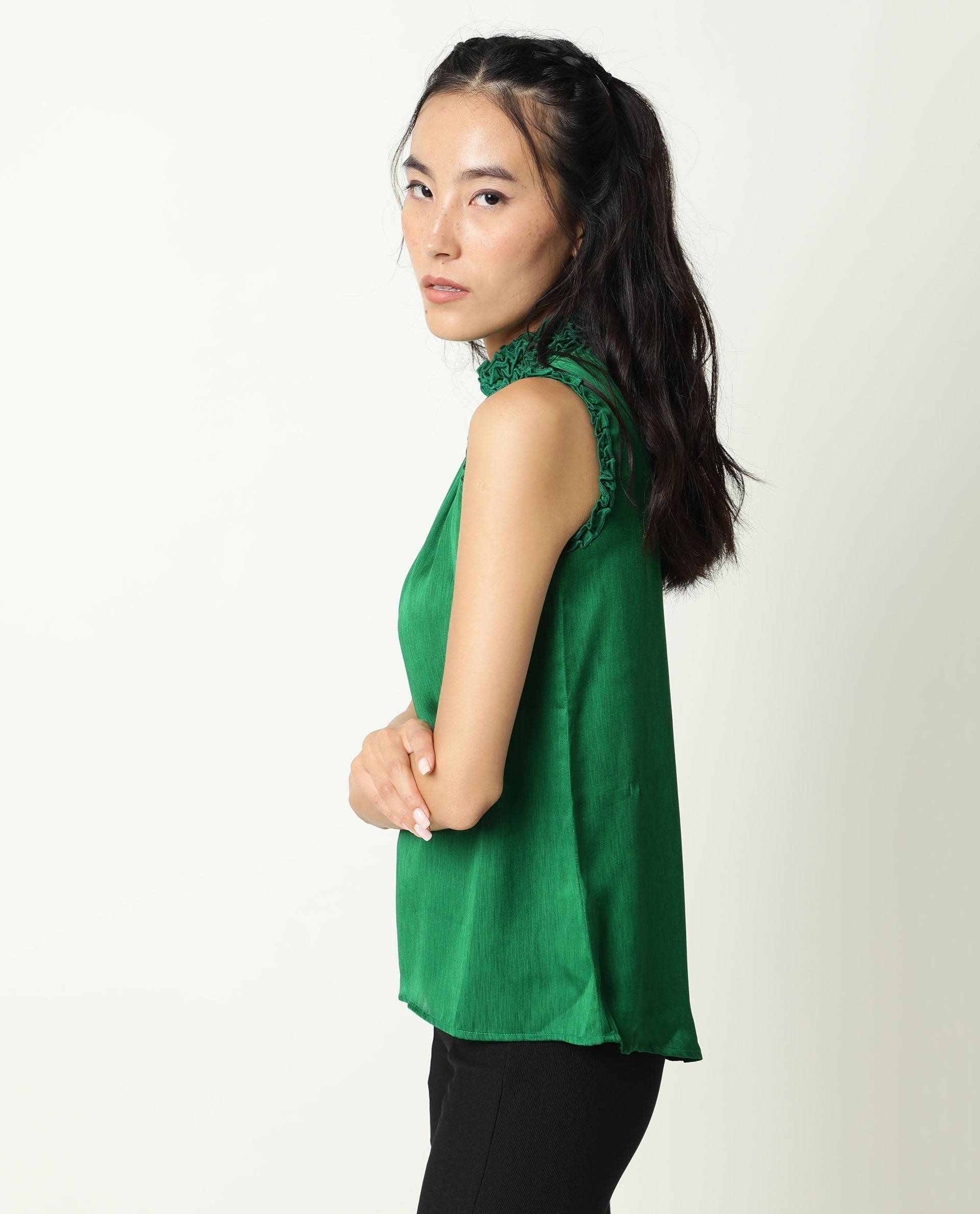 Rareism Womens Baileys Green Top Polyester Fabric Sleeveless Ruffled Neck