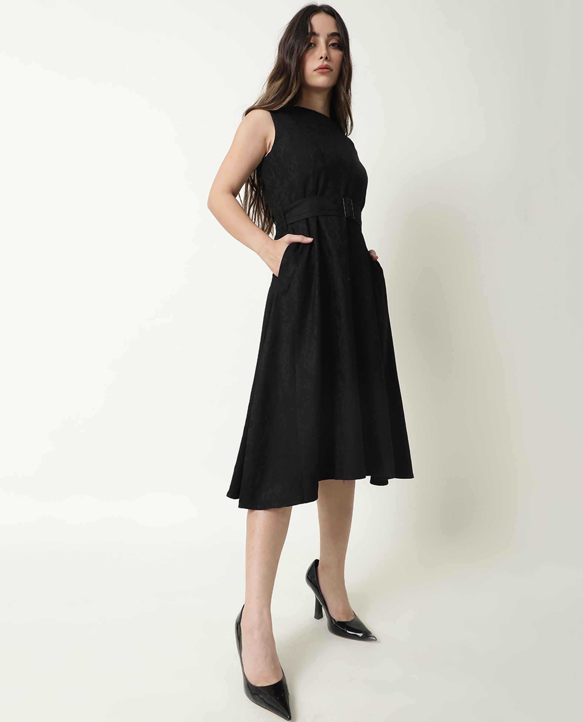 Rareism Women's Lacau Black Polyester Crew Neck Plain Sleeveless Midi Flared Dress