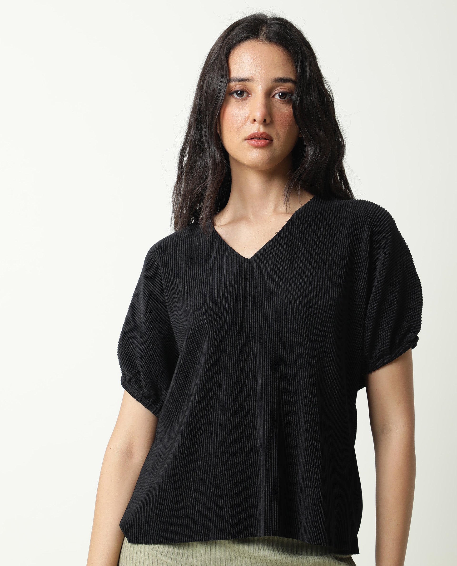 Rareism Womens Soho Black Top Polyester Fabric Regular Fit Extended Sleeves Round Neck