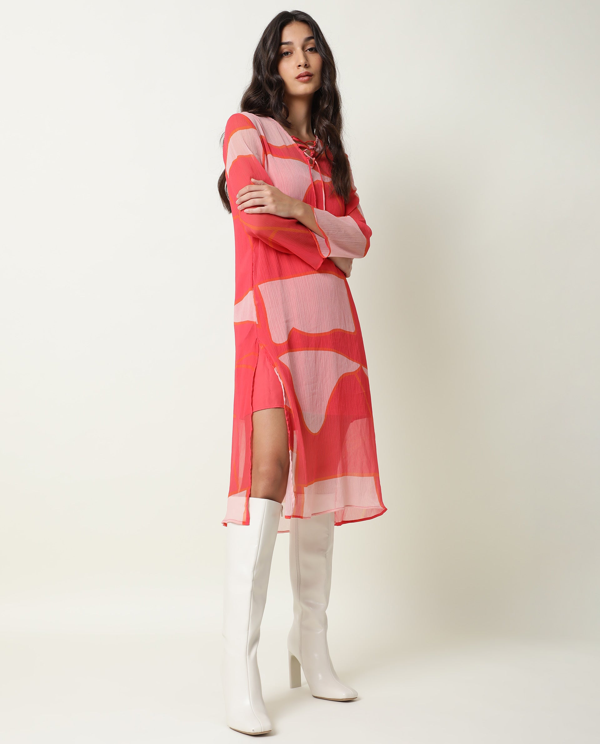 Rareism Women's Benett Pink V-Neck Abstract Print Knee Length Regular Fit Dress