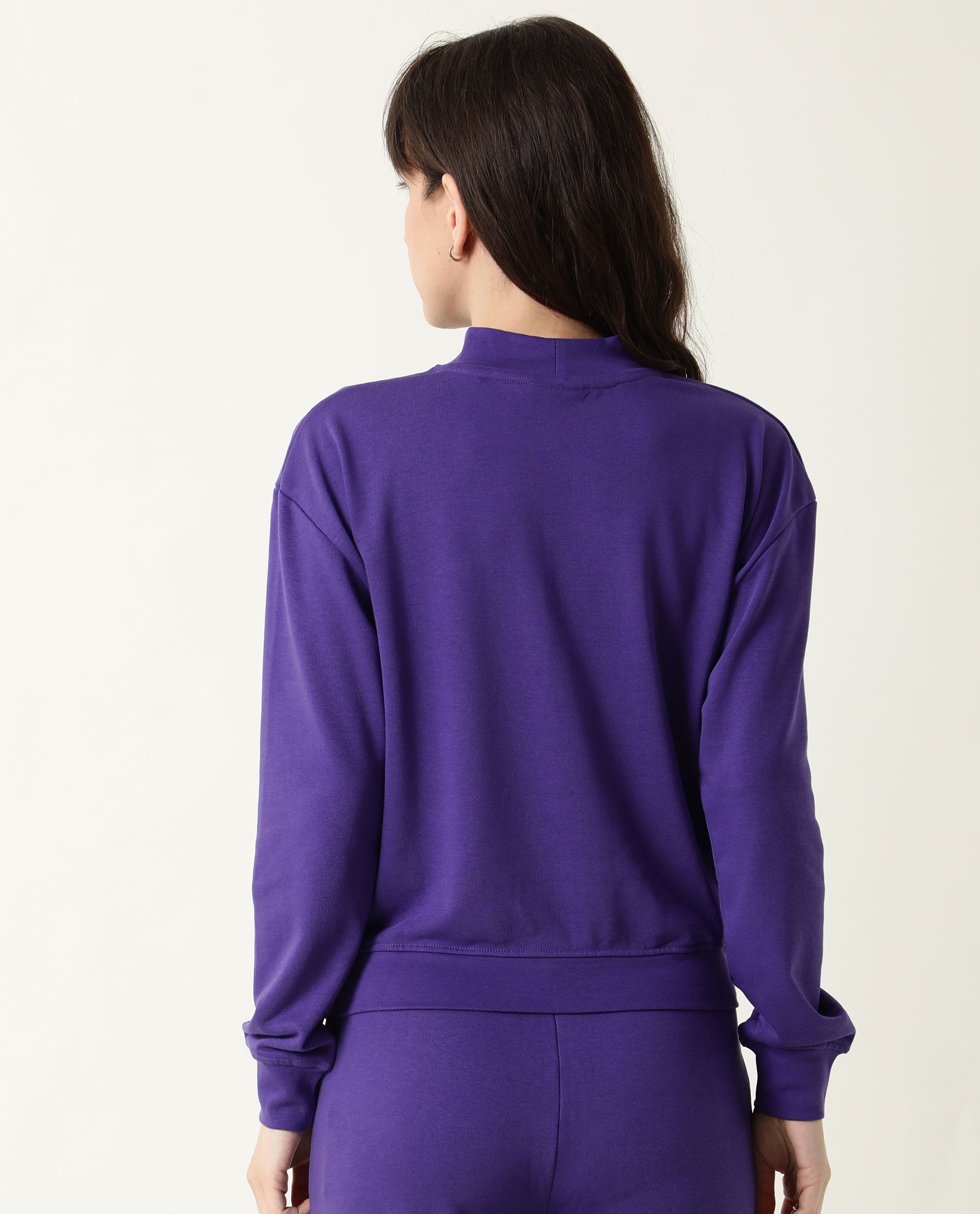 Rareism Women Necker Purple Relaxed Fit Full Sleeves Solid High Neck Sweatshirt