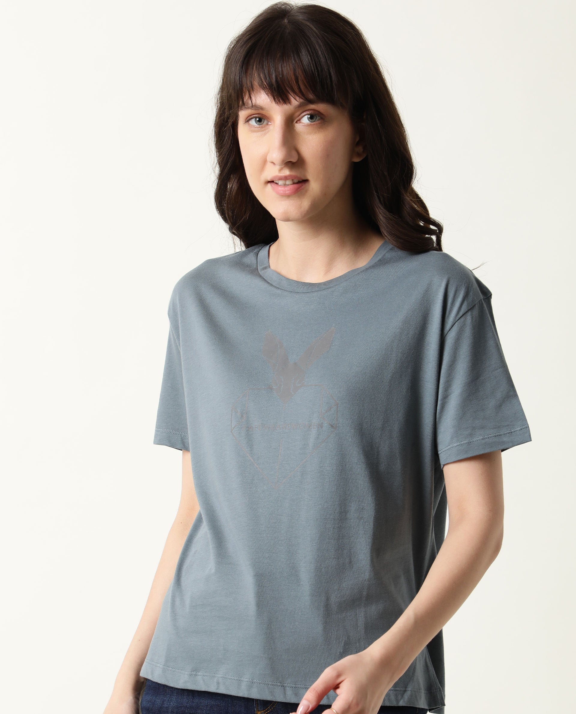 Rareism Women Love Grey Cotton Fabric Regular Fit Half Sleeves Graphic Print Crew Neck T-Shirt