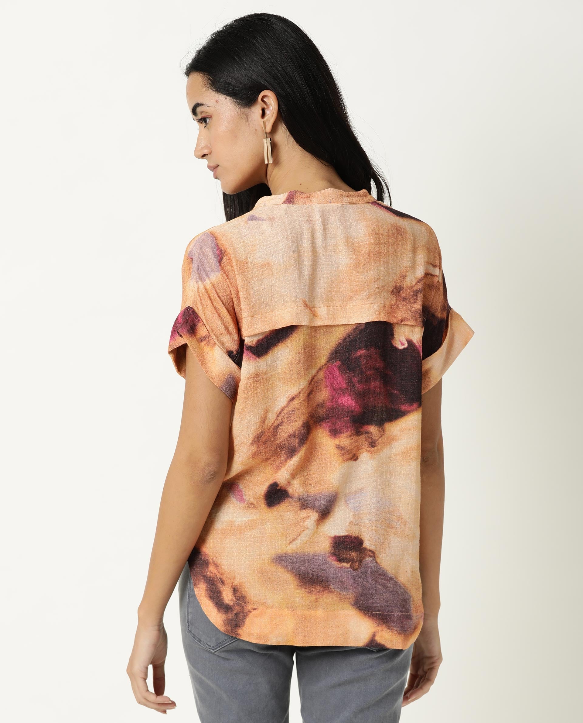 Rareism Womens Dante Orange Top Polyester Fabric Regular Fit No Sleeves Mandarin Neck