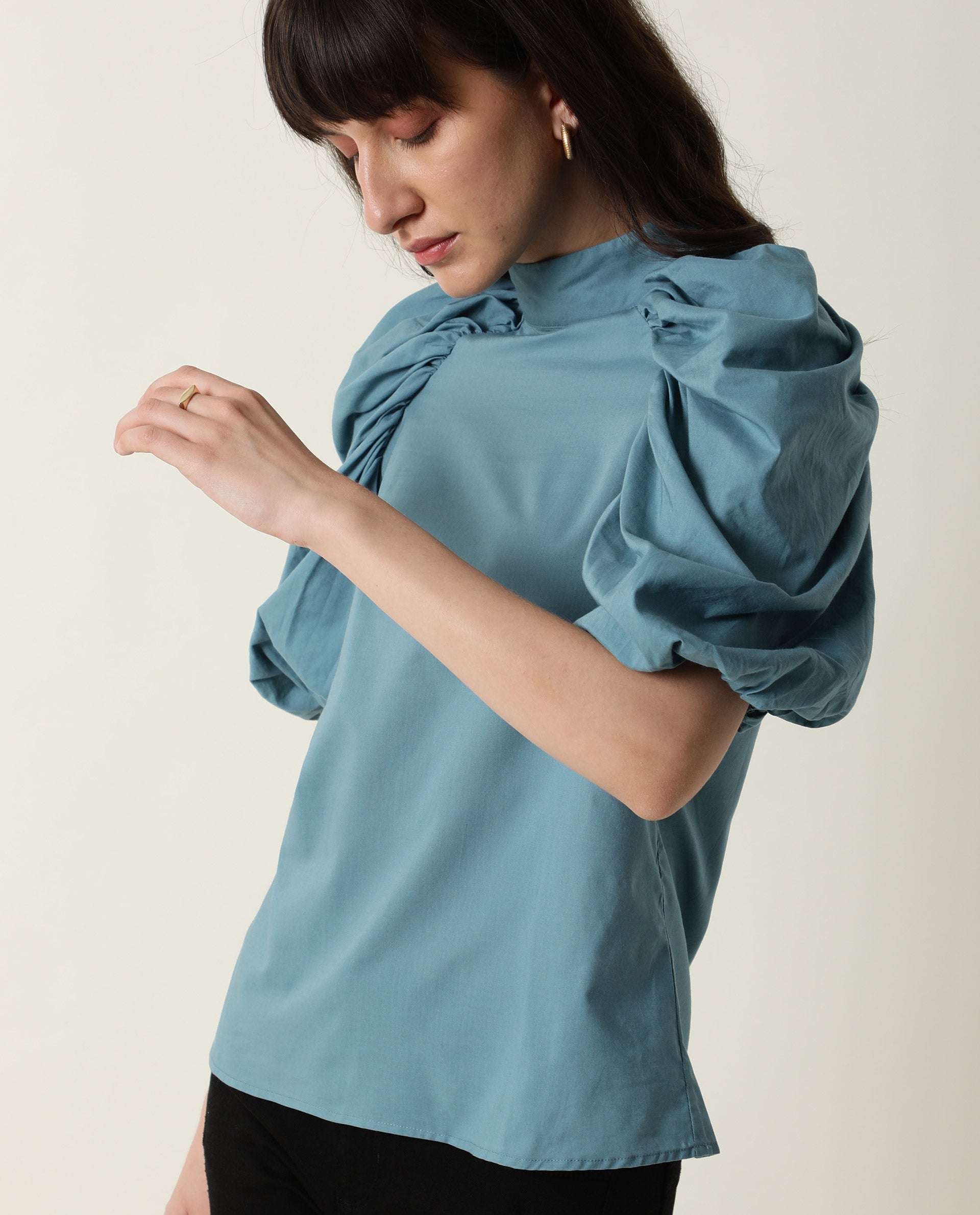 Rareism Womens Bobby Blue Top Cotton Fabric Half Sleeve High Neck