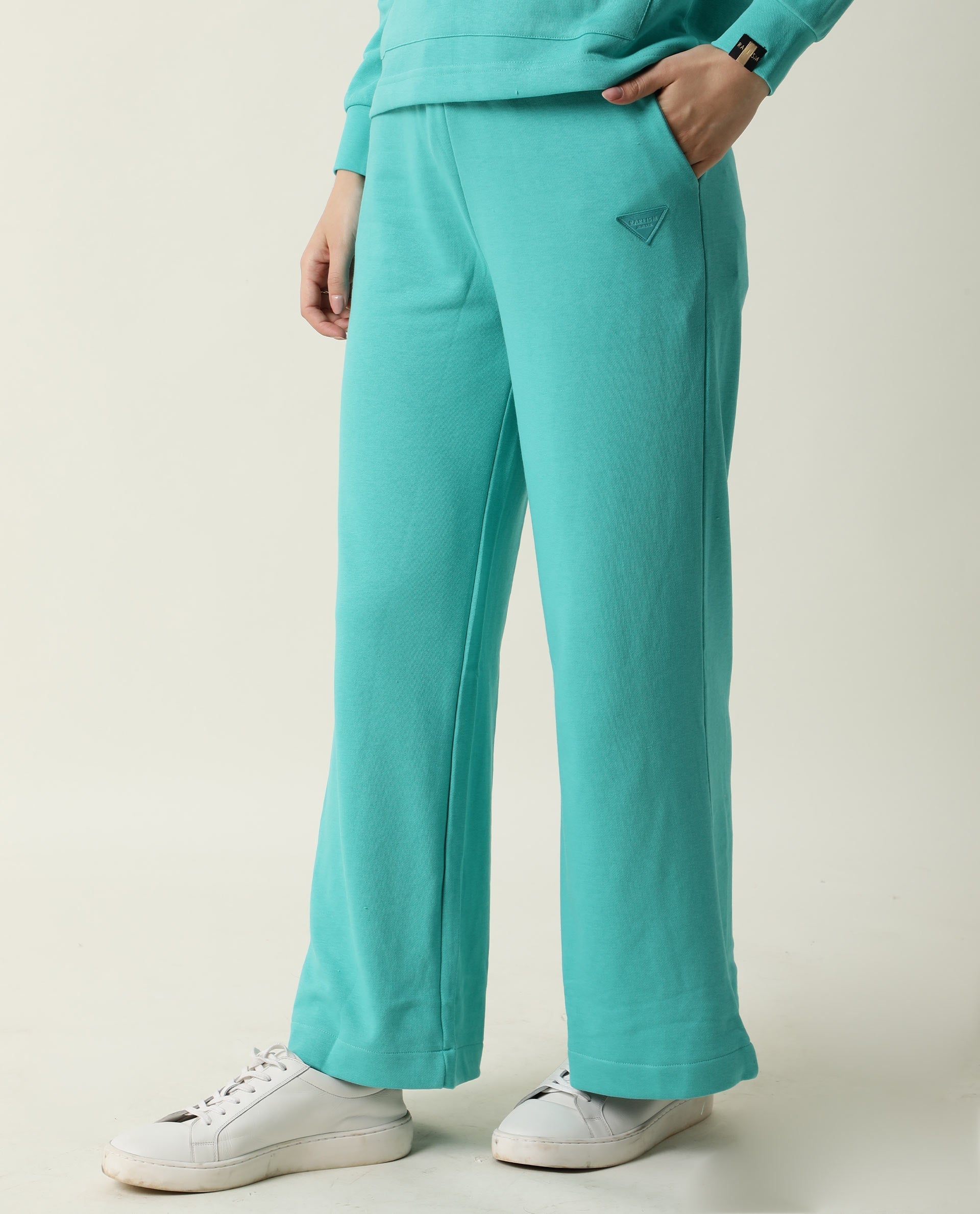 Rareism Women Pazo-1 Turq Poly Cotton Fabric Relaxed Fit Solid Mid Rise Ankle Length Track Pant