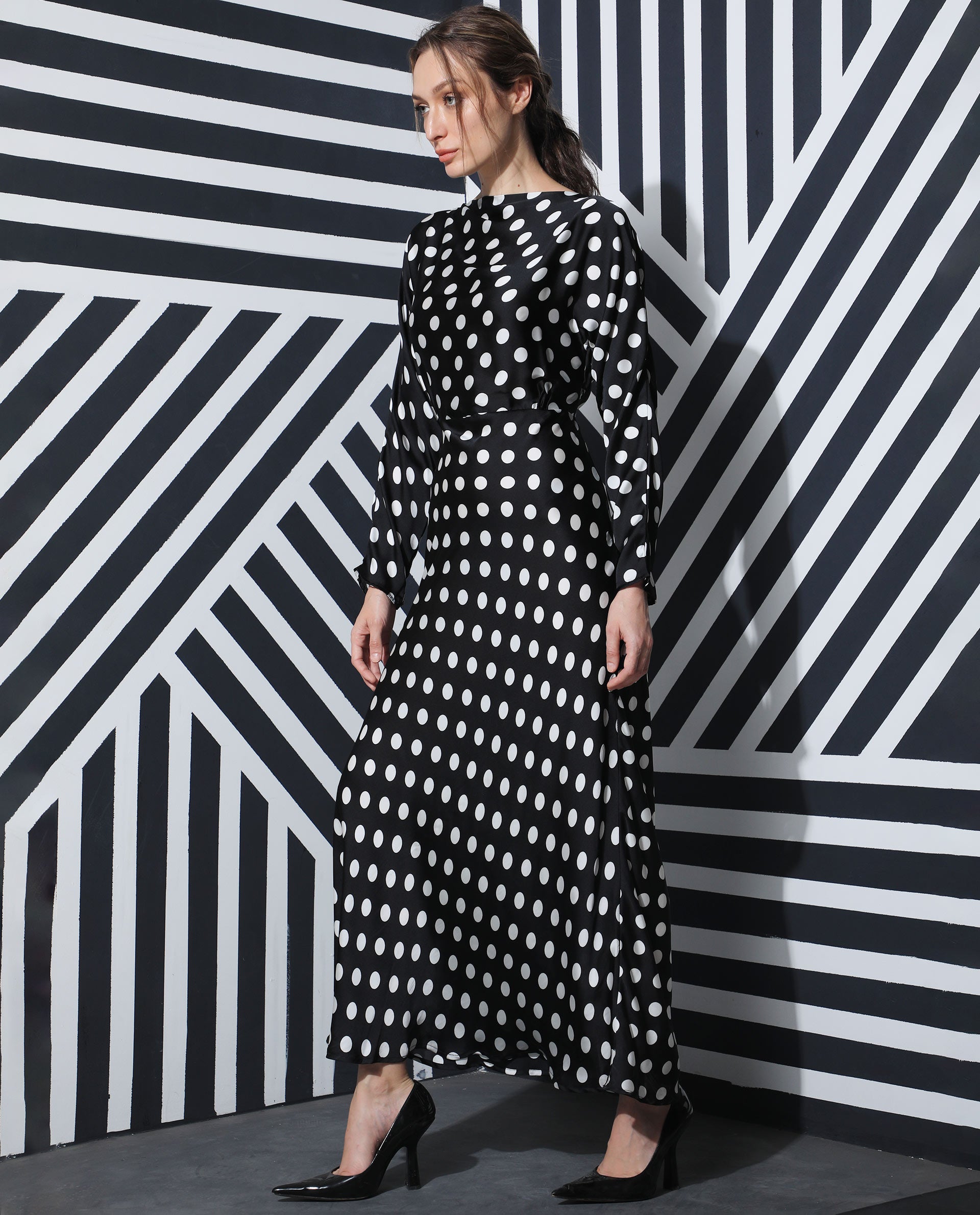 Rareism Women Alsus Black Polka Print Boat Neck Full Sleeves Maxi Dress