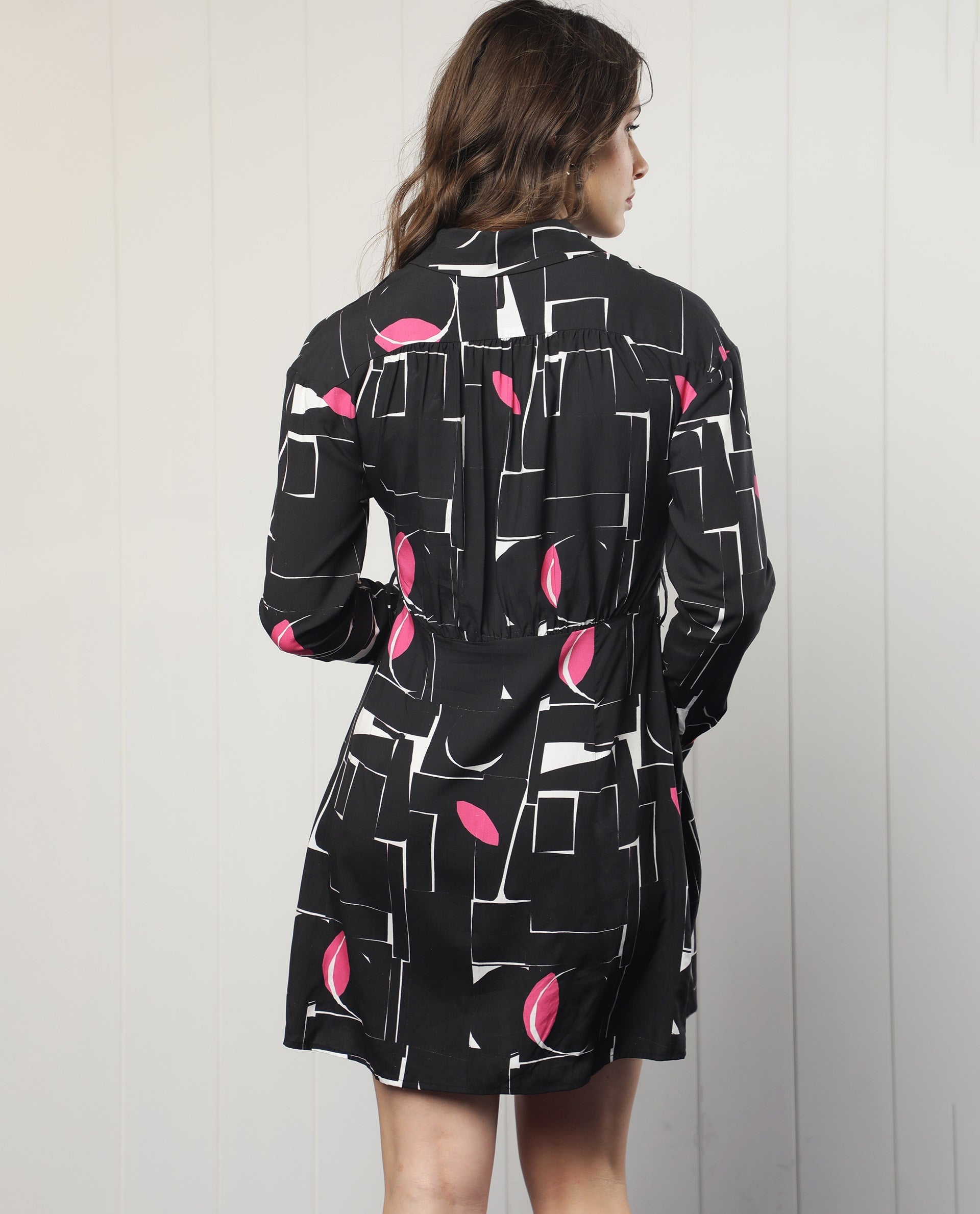 Rareism Women's Ortiz Black Cotton Drop Collar Abstract Print Mini Regular Fit Dress