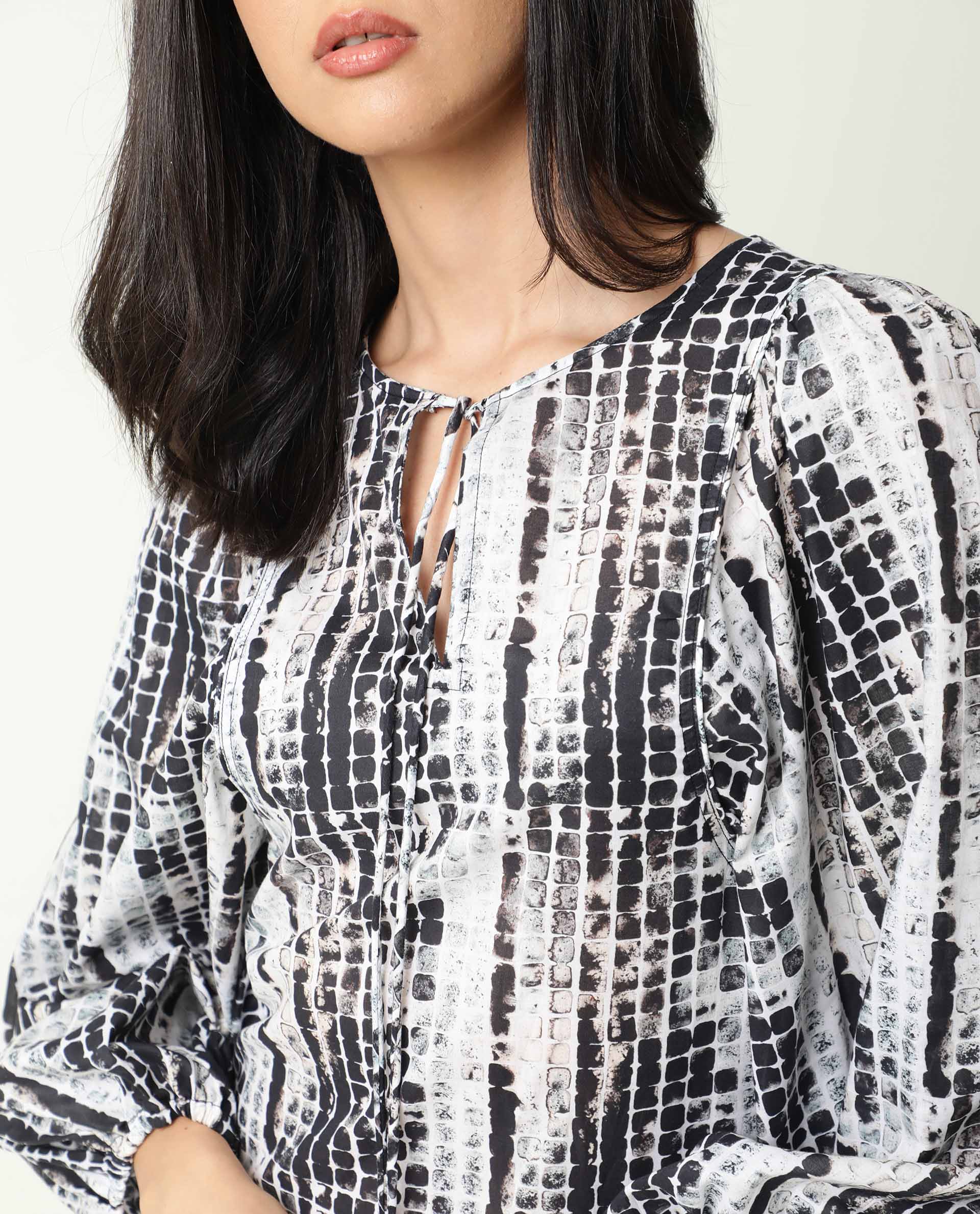 Rareism Women's Ragi Black Cotton Tie-Up Neck Abstract Print Volume Sleeve Mini Regular Fit Dress