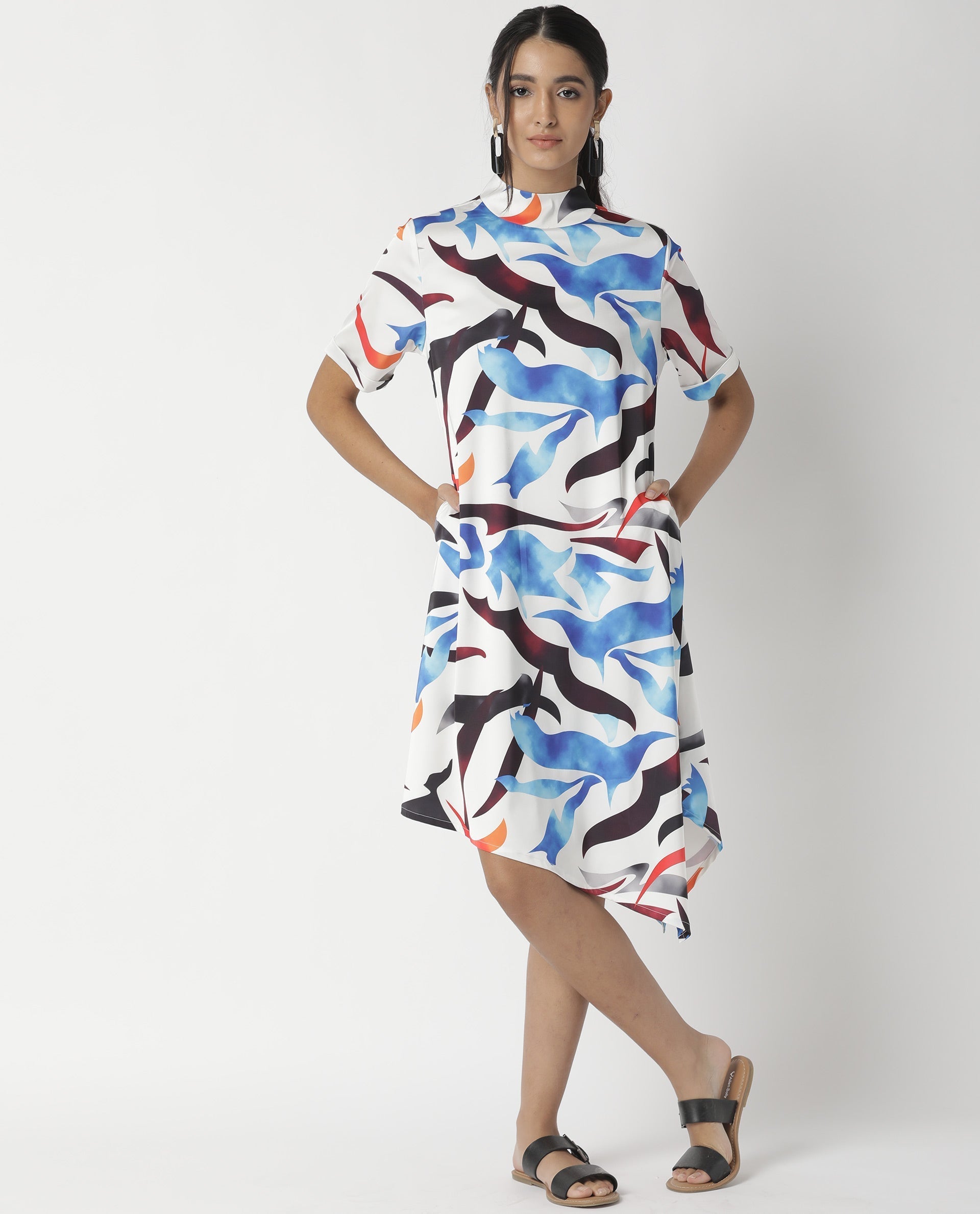 Rareism Women's Saler White Modal Blend Sweetheart Neck Abstract Print Knee Length Regular Fit Dress