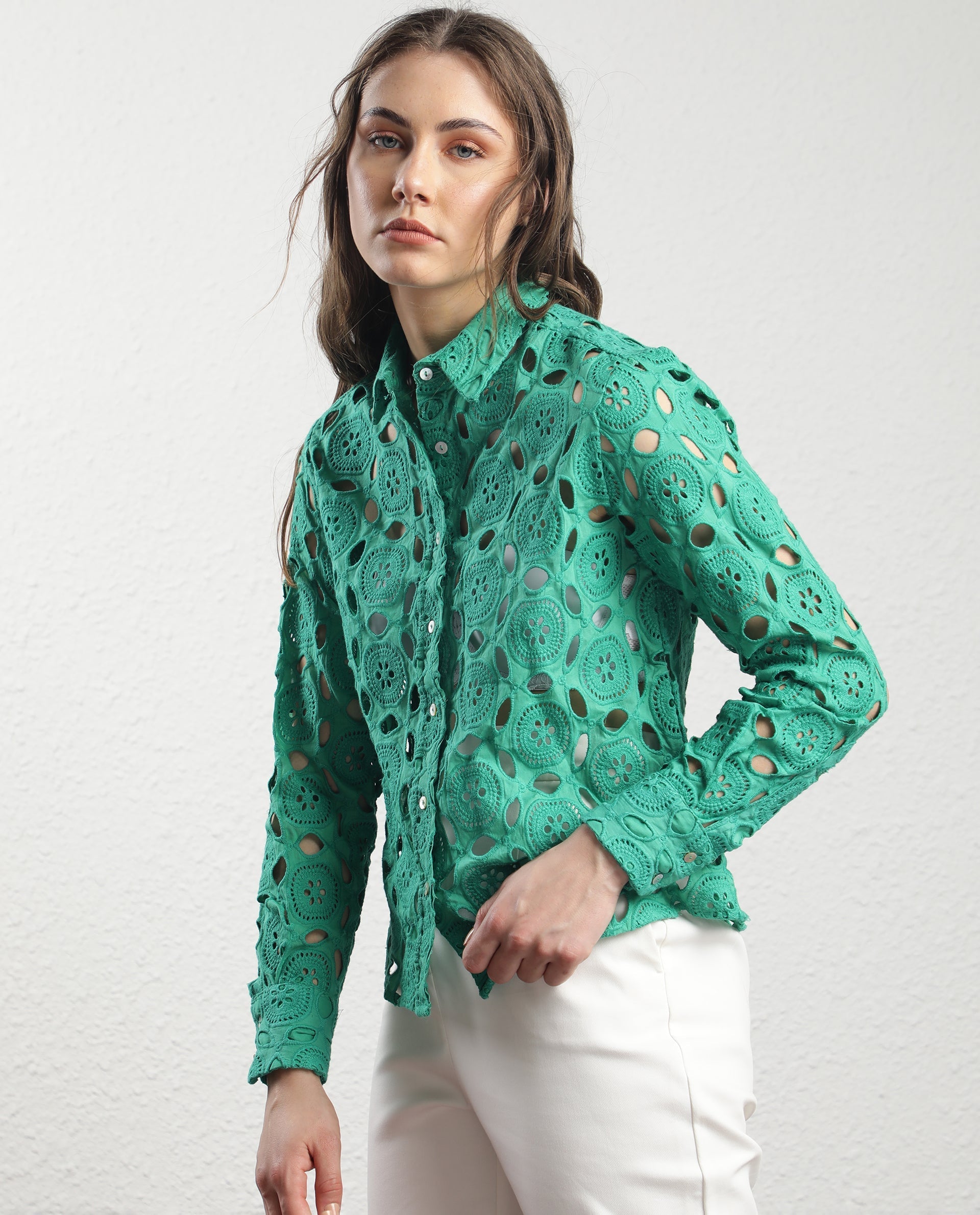 Rareism Women's Olivia Green Spread Collar Schiffli Knee Length Regular Fit Top