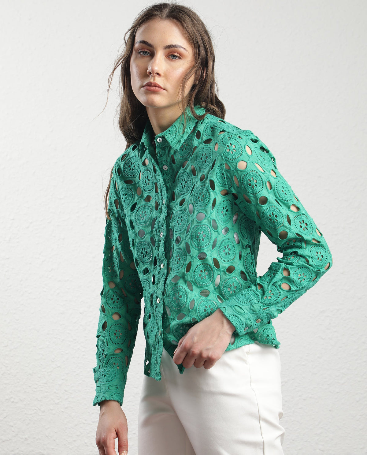 Rareism Women Olivia Green Top Cotton Fabric Full Sleeves Solid